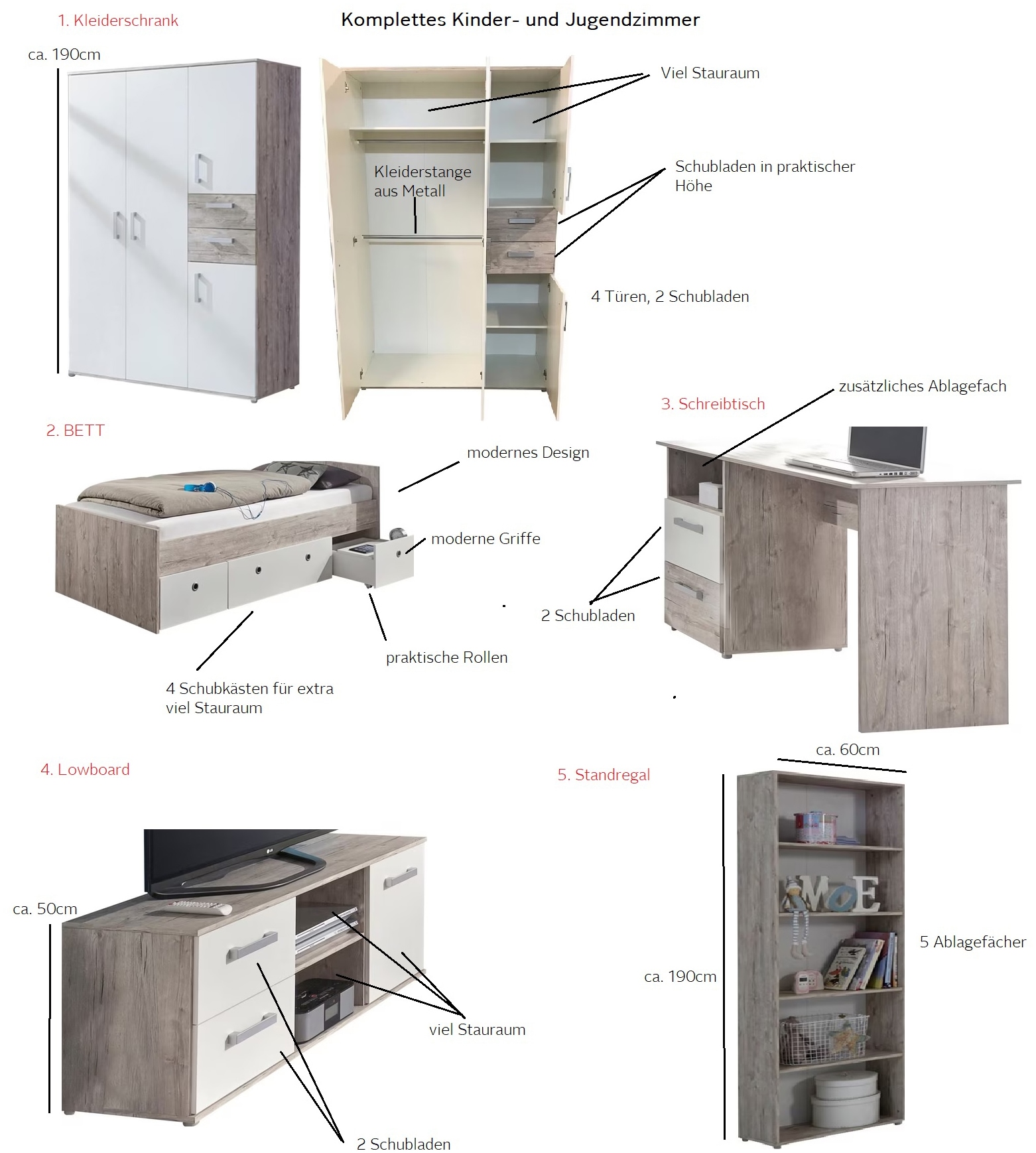 arthur berndt Jugendzimmer-Set »"Bente" Topseller, viel Stauraum«, (Set, 5 tlg., Bett + 4 trg. Schrank + Schreibtisch + Standregal + Lowboard), komplettes Jugend- und Kinderzimmer, auch toll für kleinere Räume