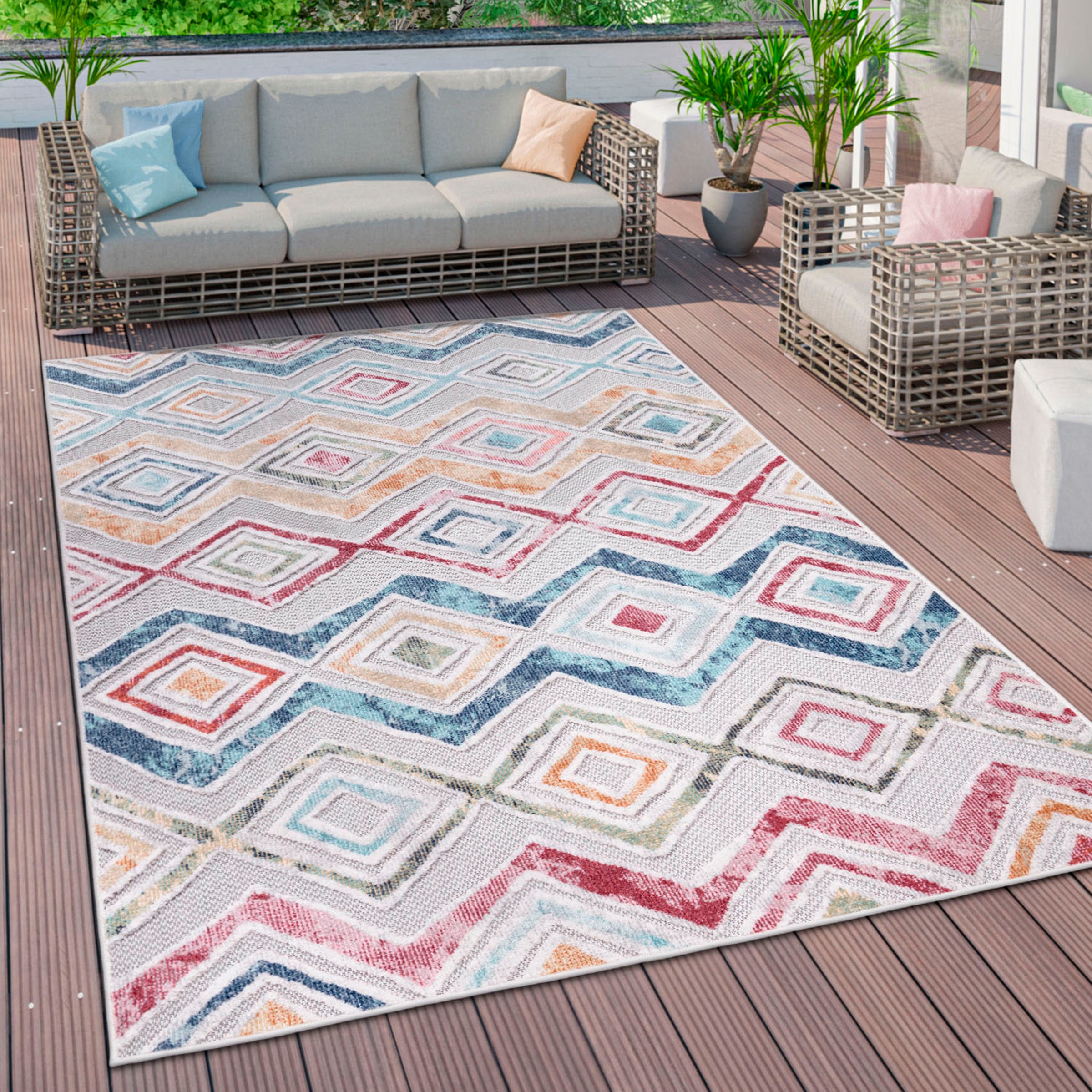 Paco Home Teppich »Fusion 761«, rechteckig, 10 mm Höhe, Kurzflor, Rauten Muster, Boho, In- und Outdoor geeignet, Wohnzimmer