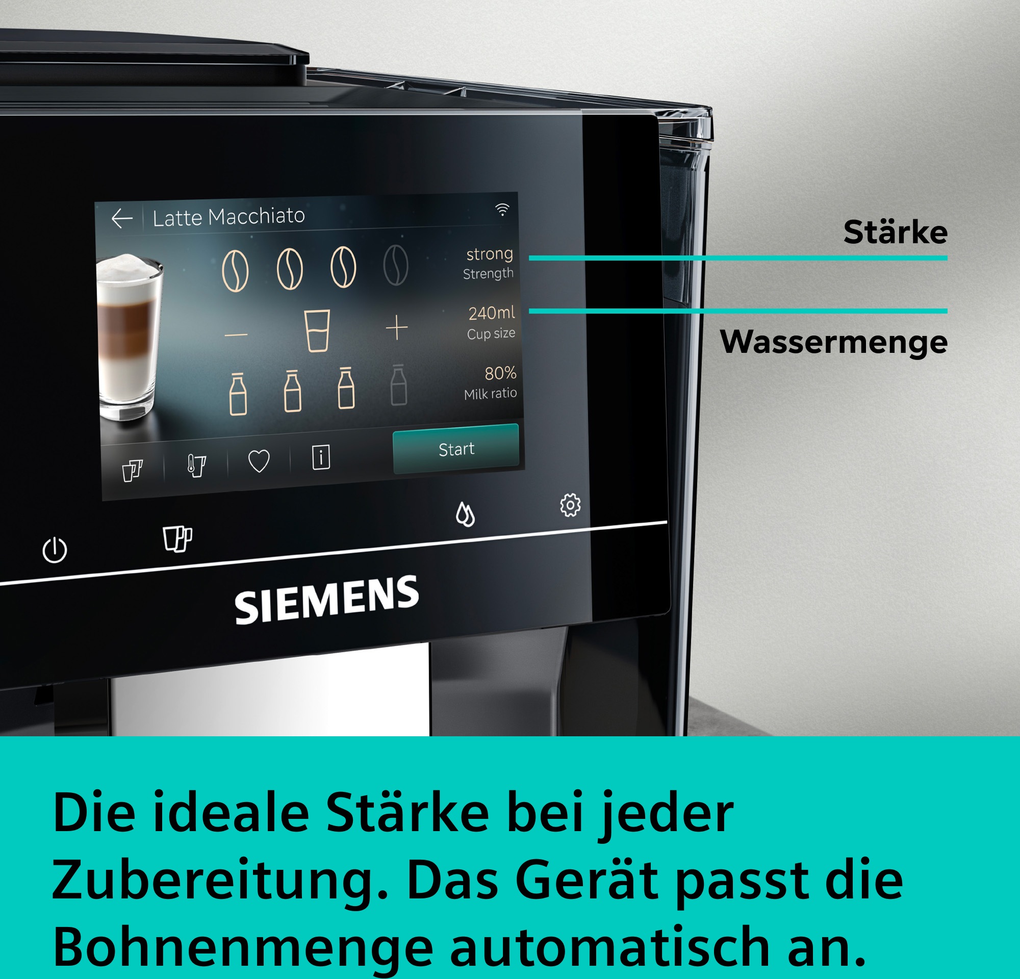 SIEMENS Kaffeevollautomat »EQ700 TP725E01, 41 verschiedene Getränke, XL-Getränke, 20 Favoriten« farbiges Full-Touch-Display, Doppeltassenfunktion, sehr leise, grau