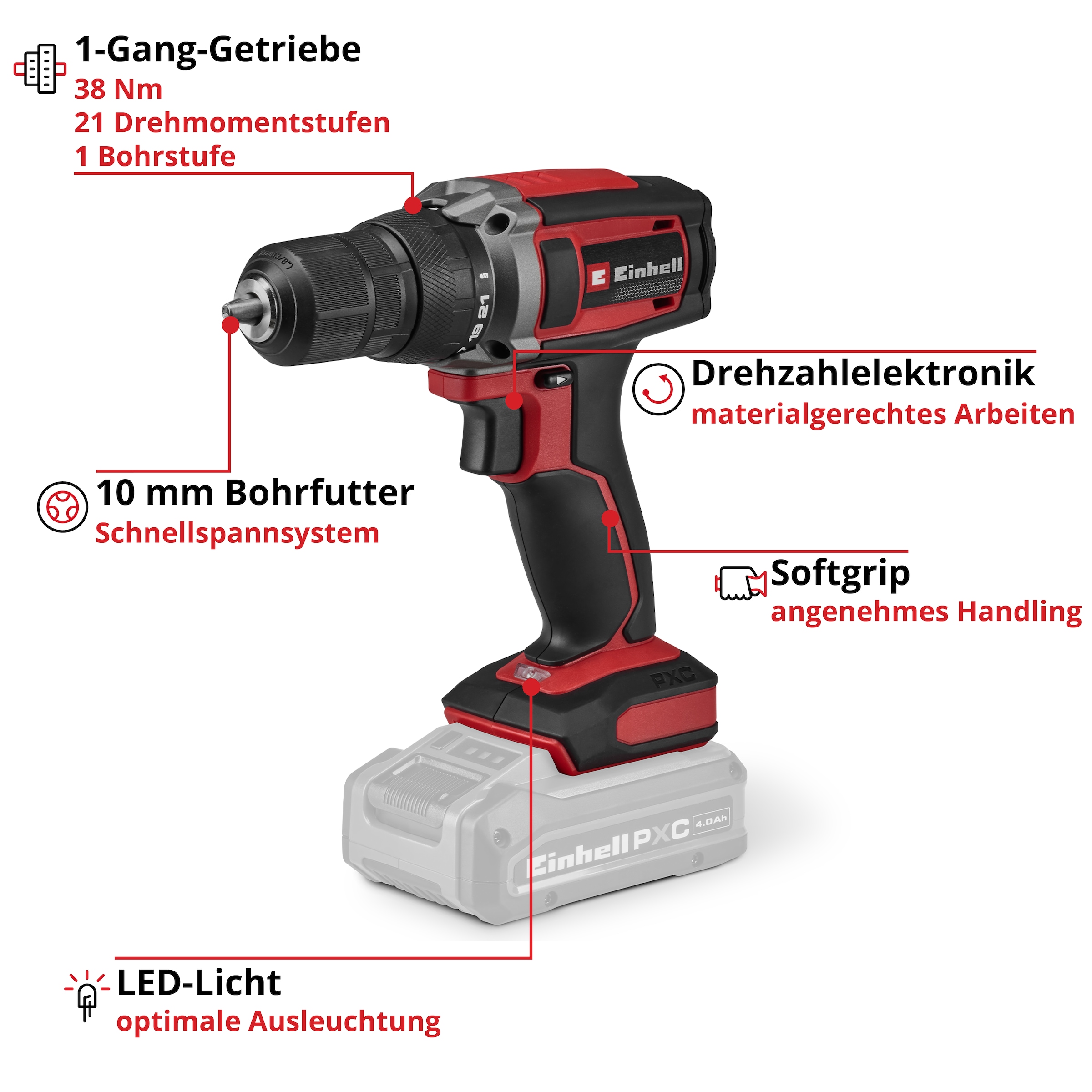 Einhell Akku-Bohrschrauber »TC-CD 18/38 (1x2,5Ah)« 4 tlg. mit Akku und Ladegerät