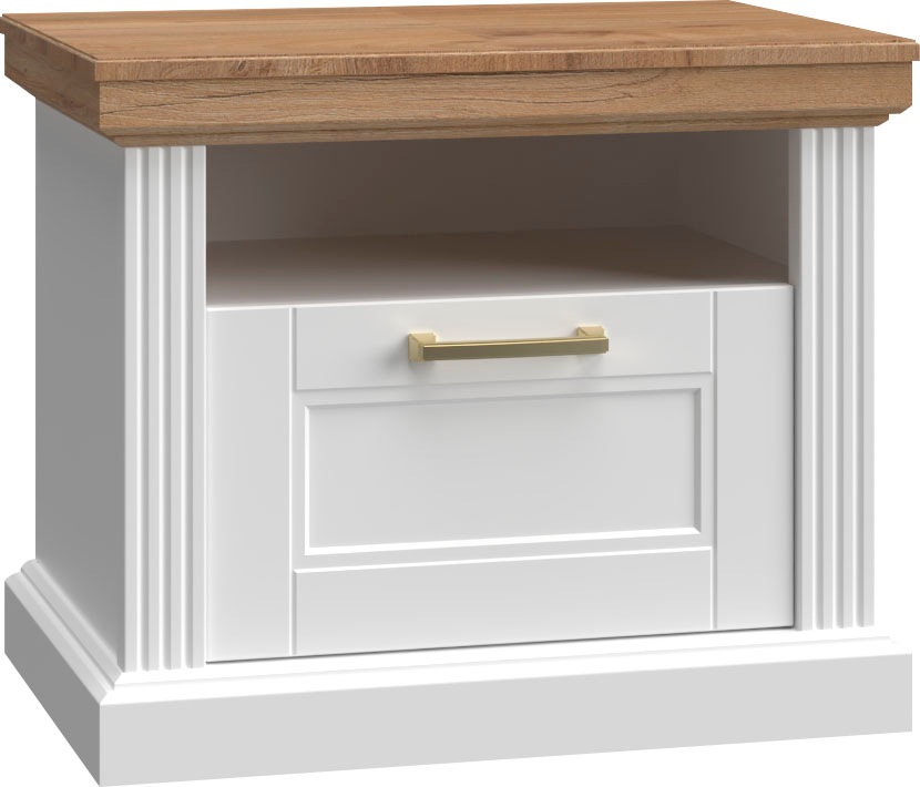 Home affaire Nachtkonsole »Tara, im klassischen Landhausstil, FSC-zertifiziert«, (1 offenes Fach und 1 Schublade mit Metallgriff, Soft-Close-Funktion), lackiert mit wasserbasiertem UV-Lack, 62x43x52cm (BxHxT)
