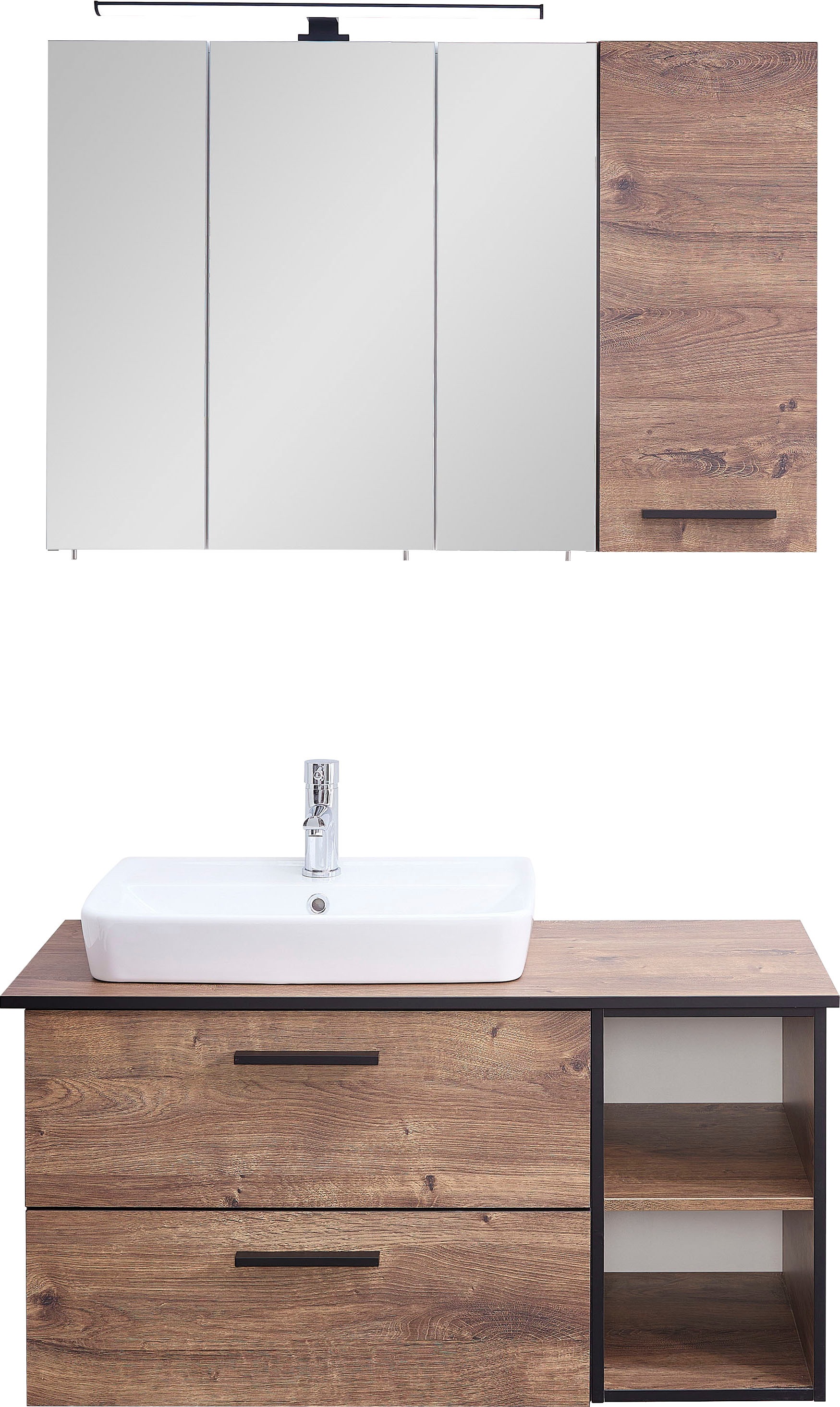 Saphir Badmöbel-Set »Quickset 374 3-teilig, Keramik-Aufsatzbecken mit LED-Spiegelschrank«, (12 St.), Hängeschrank, 4 Türen, 2 Schubladen, inkl. Türdämpfer, Bad-Set