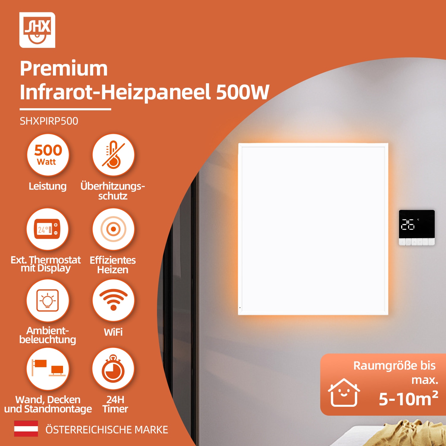 SHX Infrarotstrahler, 500 W, Smart Home fähig (Wifi), dimmbare Ambiente-LEDs