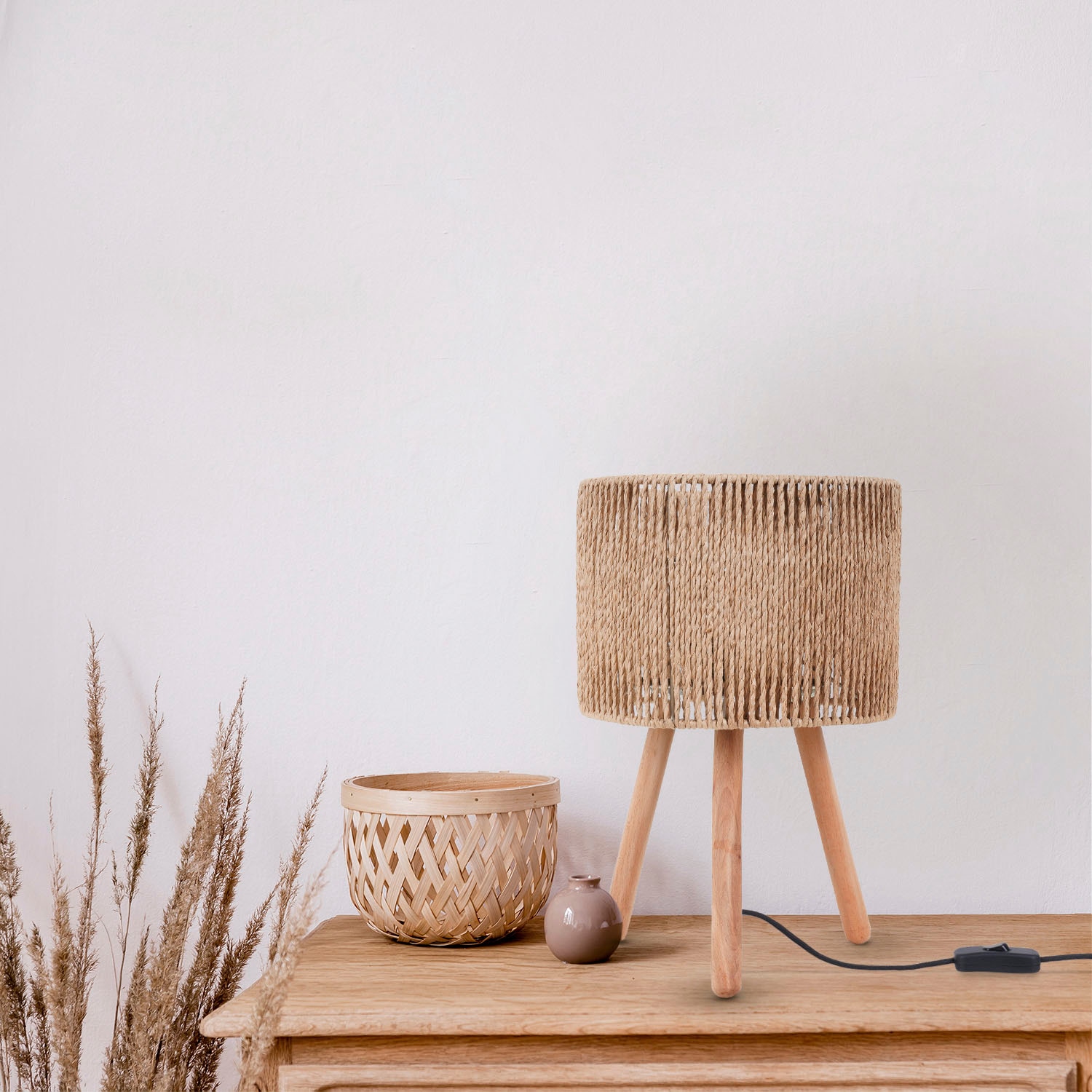 Paco Home Tischleuchte »PITA«, Leuchtmittel E27 | ohne Leuchtmittel, Nacht Schreib Lampenschirm Boho Holz Stativ E27