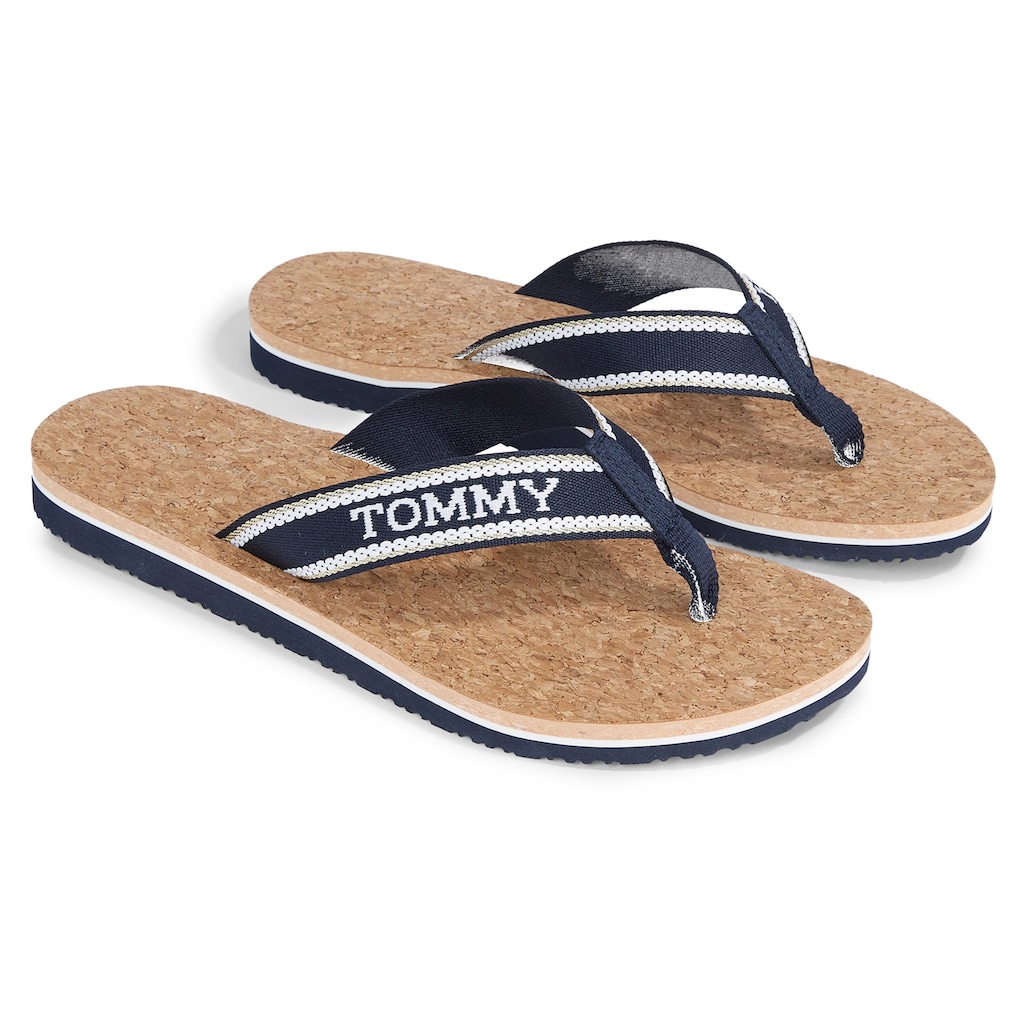 Tommy Hilfiger Zehentrenner »HILFIGER CORK BEACH SANDAL«, Sommerschuh, Schlappen, Poolsildes mit Logoschriftzug