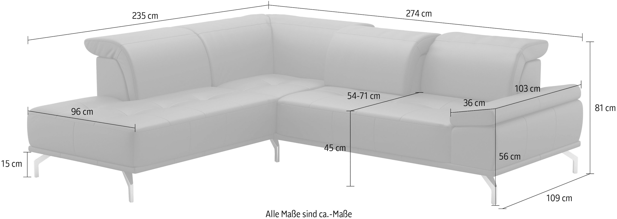 Places of Style Ecksofa »Caluna«, Inkl.Sitztiefenverstellung, wahlweise mit Kopf- und Armteilverstellung