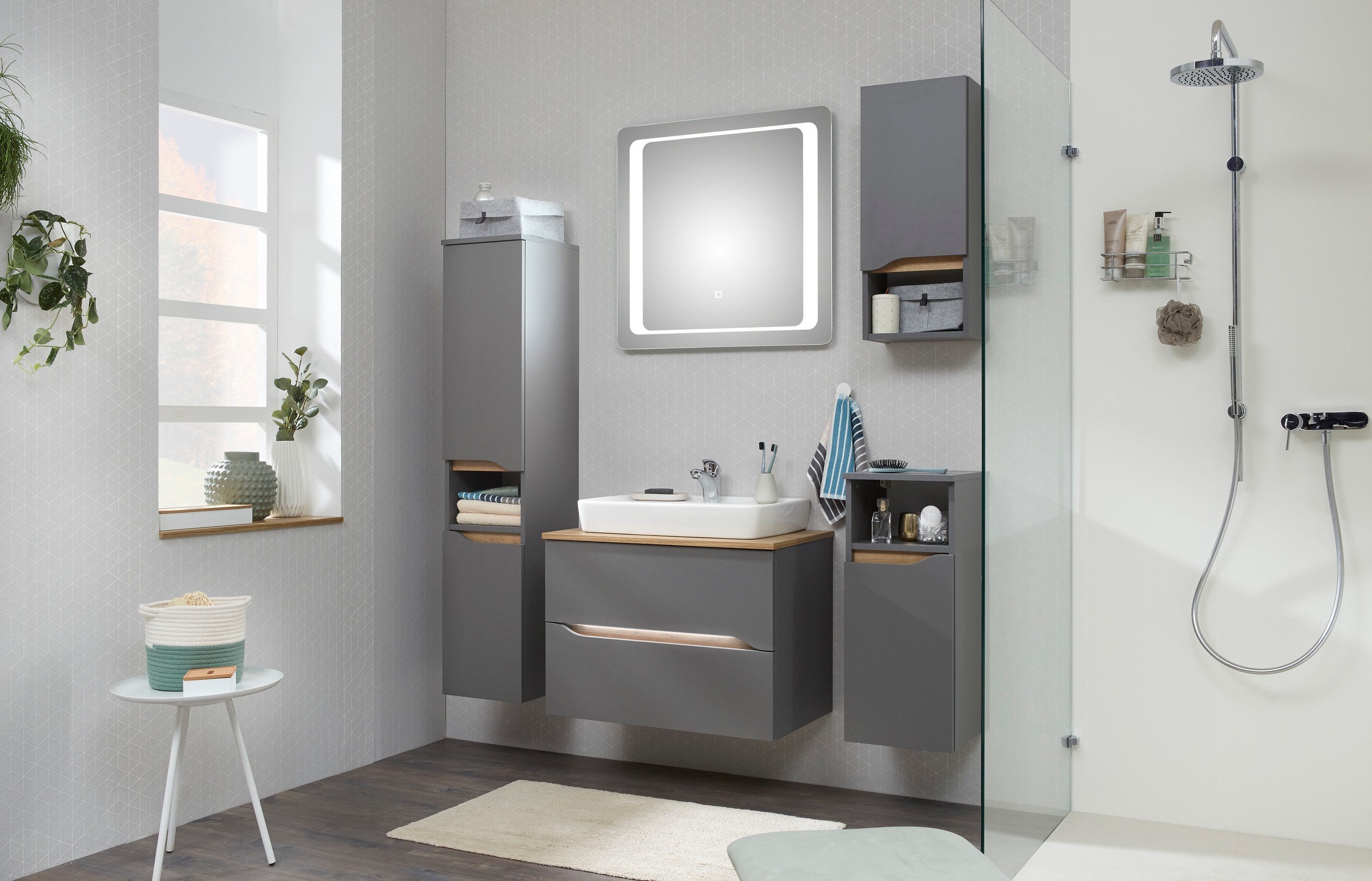 Saphir Badmöbel-Set »Quickset 5-teilig, Keramik-Aufsatzbecken mit LED-Spiegel« 8 Stk. tlg.