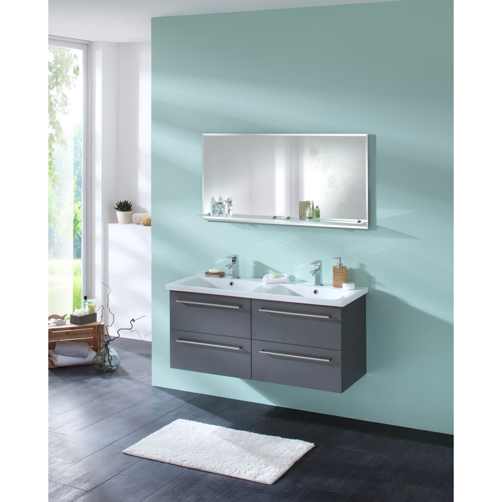 welltime Badspiegel »Flex«, Badezimmerspiegel in der Größe 120 x 60 cm, eckiger Wandspiegel mit Glasablage, Spiegel mit Facettenschliff
