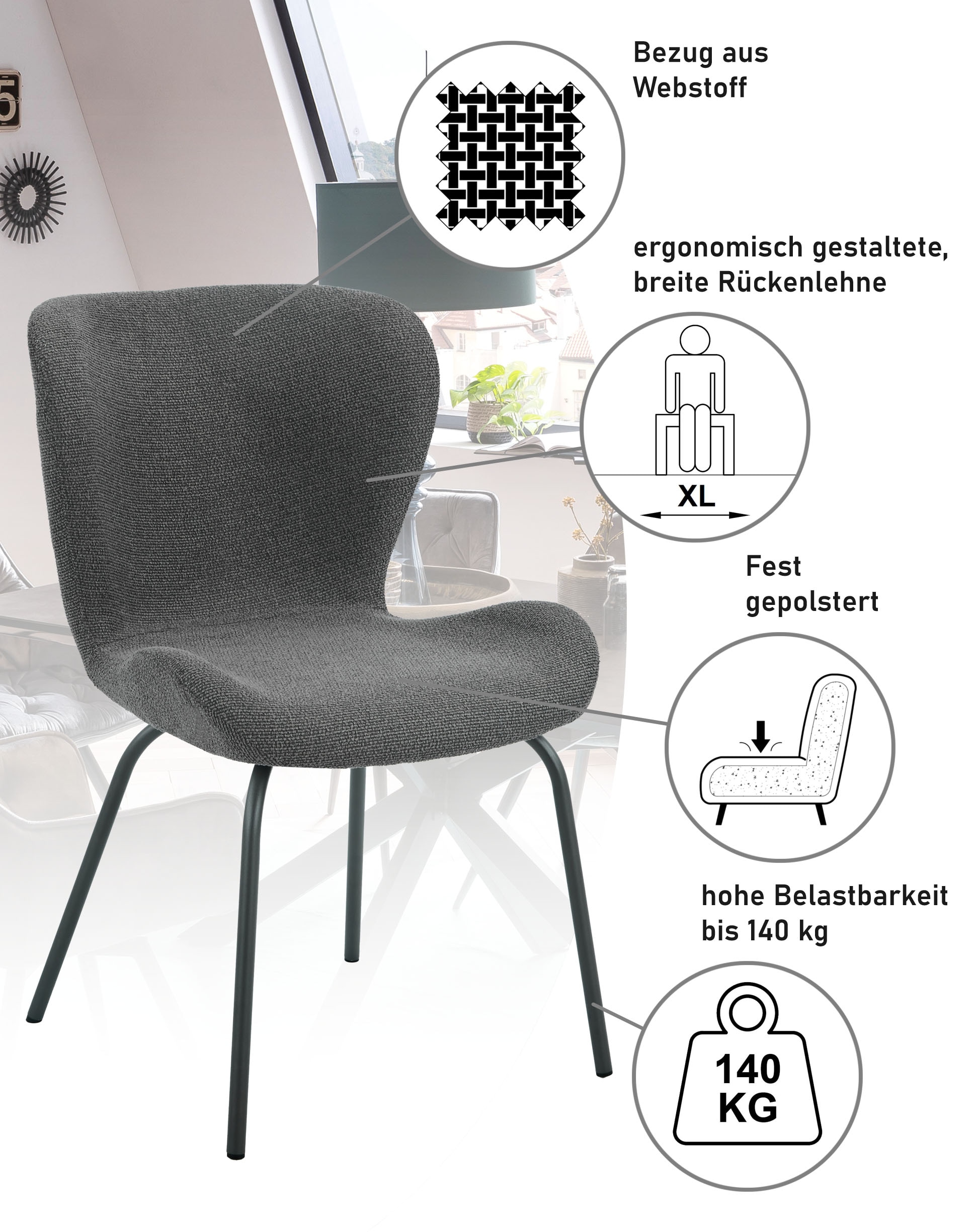 HELA 4-Fußstuhl »LAGOS« (Set) 1 Stk.4-Fußstuhl XL, Gestell angepasst, Webstoff, 140kg belastbar