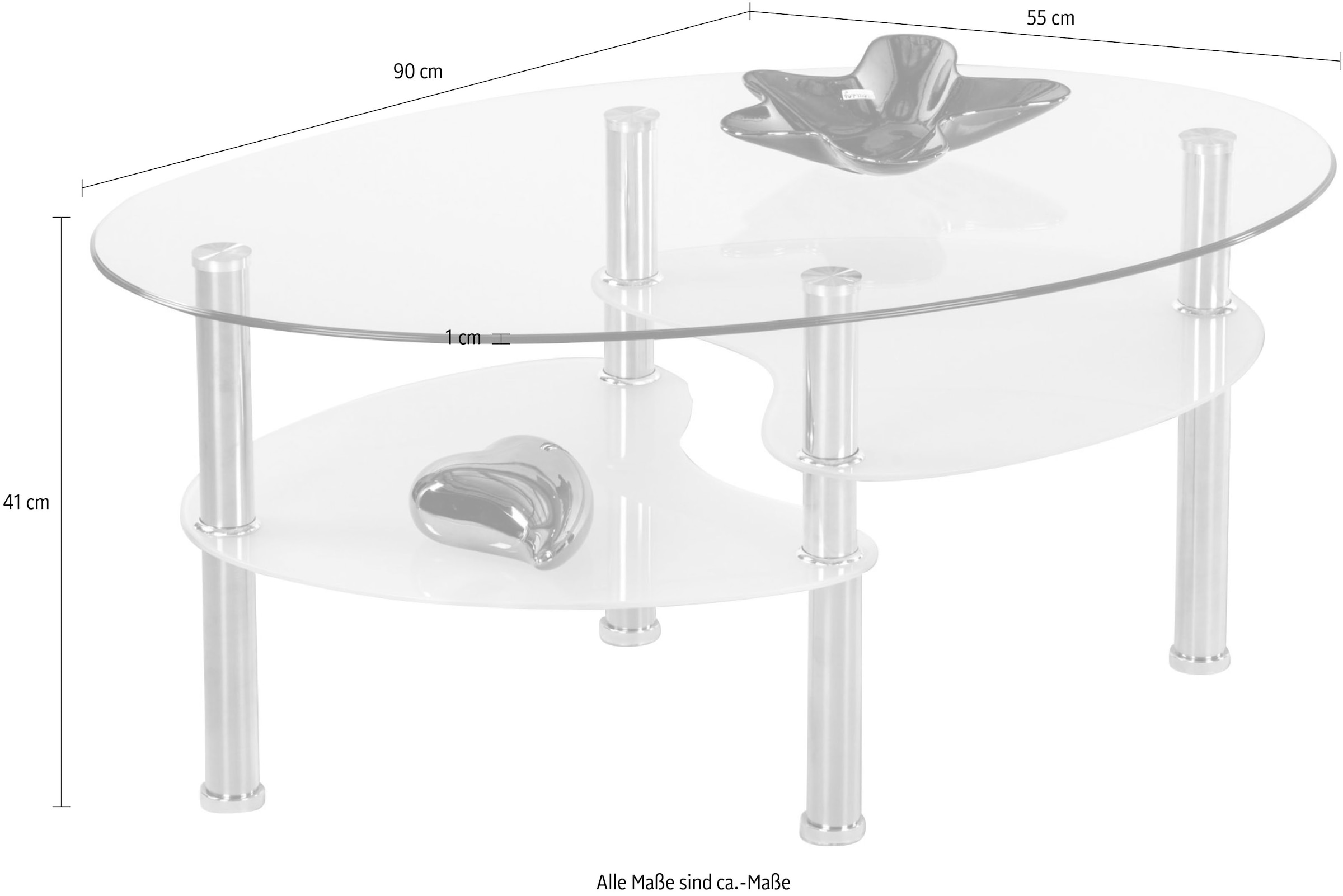 Stolkom Couchtisch »Wave Glastisch, Wohnzimmertisch, Beistelltisch Glas BxHxT 90x41x55 cm«, Sicherheitsglas 8mm stark, Ablage in Milchglas, Tisch Oval