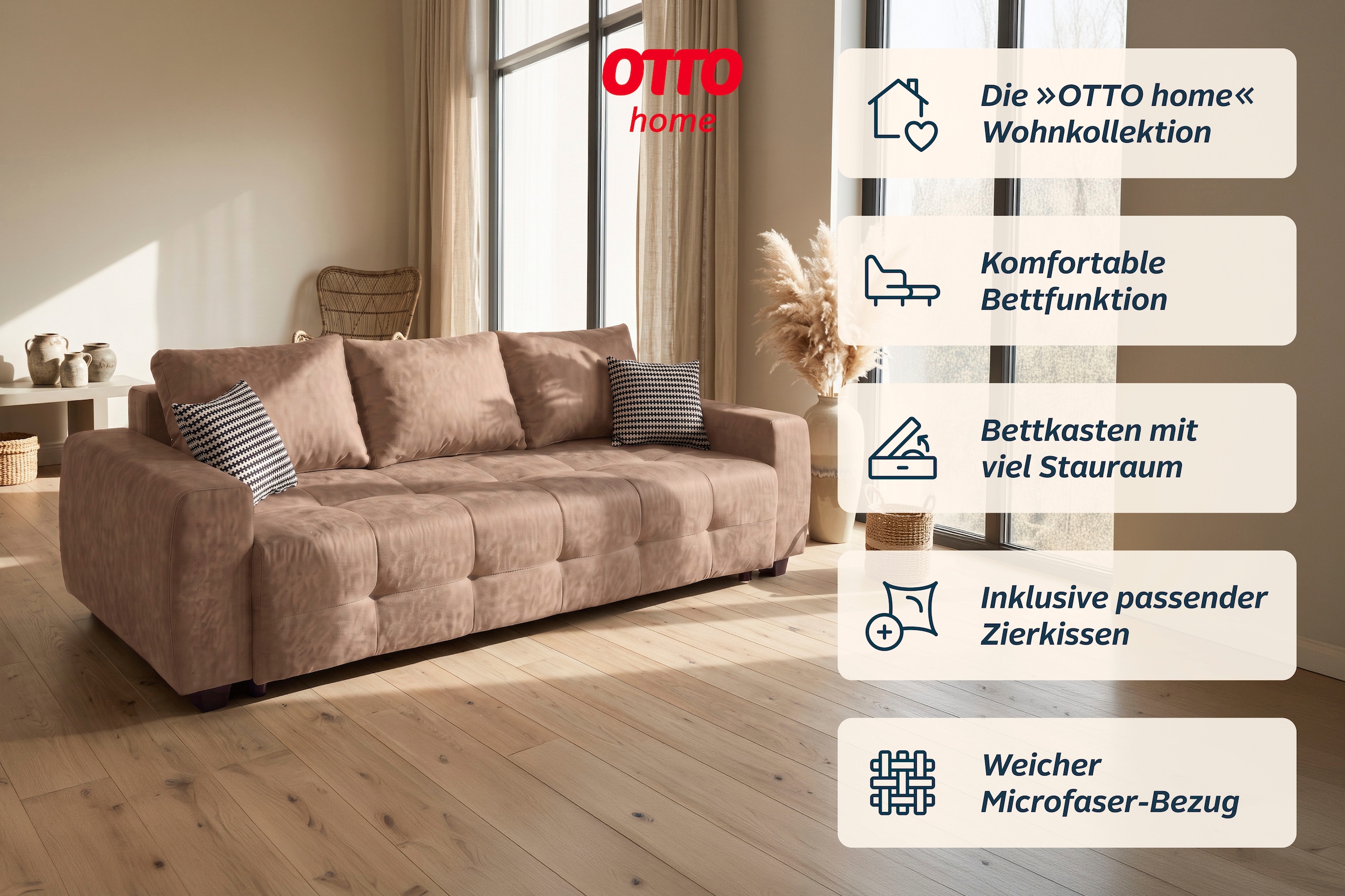 OTTO home Schlafsofa »Bella B: 241 cm, Liegefl. 142x194 cm mit Bettkasten & Zierkissen« Schlafcouch mit Gästebett, 2 Zierkissen inklusive, frei stellbar