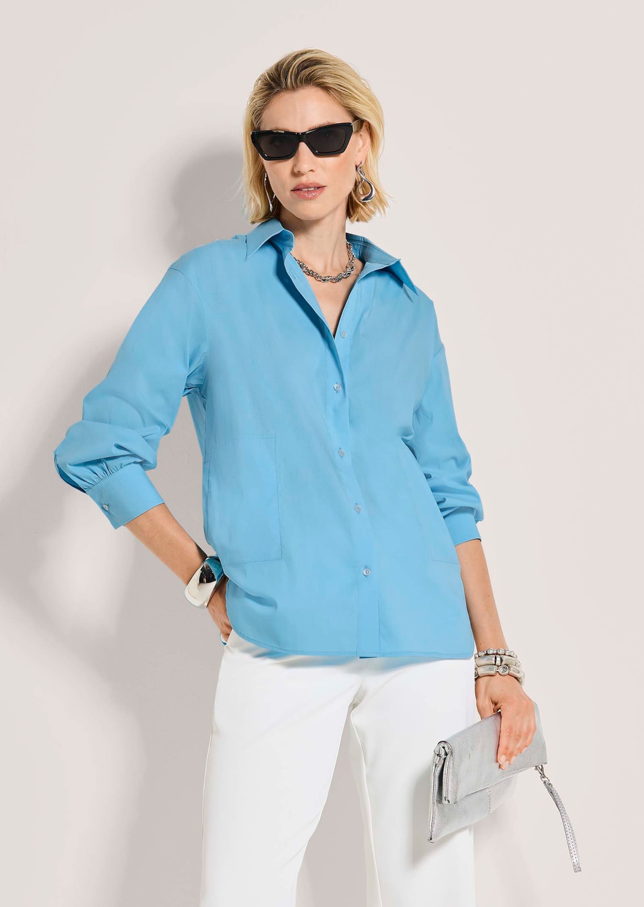 MADELEINE Langarmbluse »Hemdbluse Baumwollbluse mit Paspeltaschen« Bluse mit Gerundetem Saum