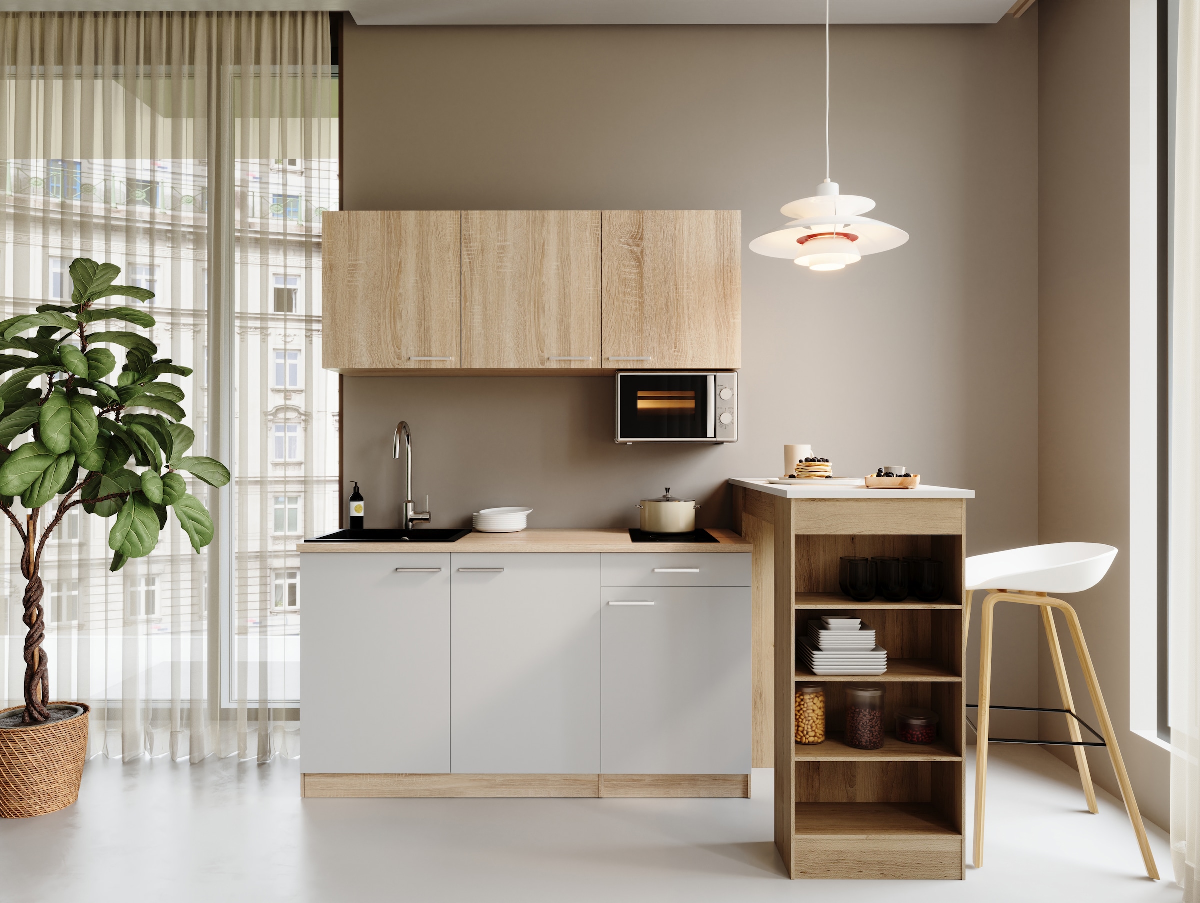 RESPEKTA Pantryküche »Ingrid, inkl. Tresentisch und Mikrowelle« zerlegt, wahlweise mit Kühlschrank, Soft-Close-Funktion, Breite 150 cm