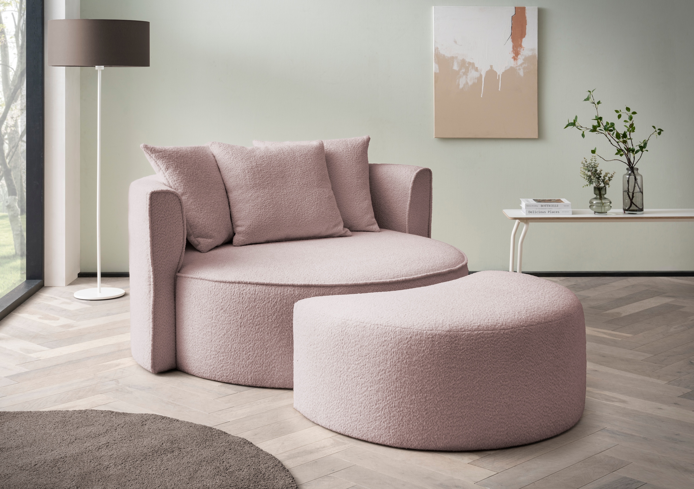 LeGer Home by Lena Gercke XXL-Sessel »ISALIE, Rundsessel mit Hocker, Lesesessel, Loveseat, Big-Sessel«, (Set), trendige Stoffe, 3 Zierkissen, große Sitzfläche, Cord, Samt, Bouclé