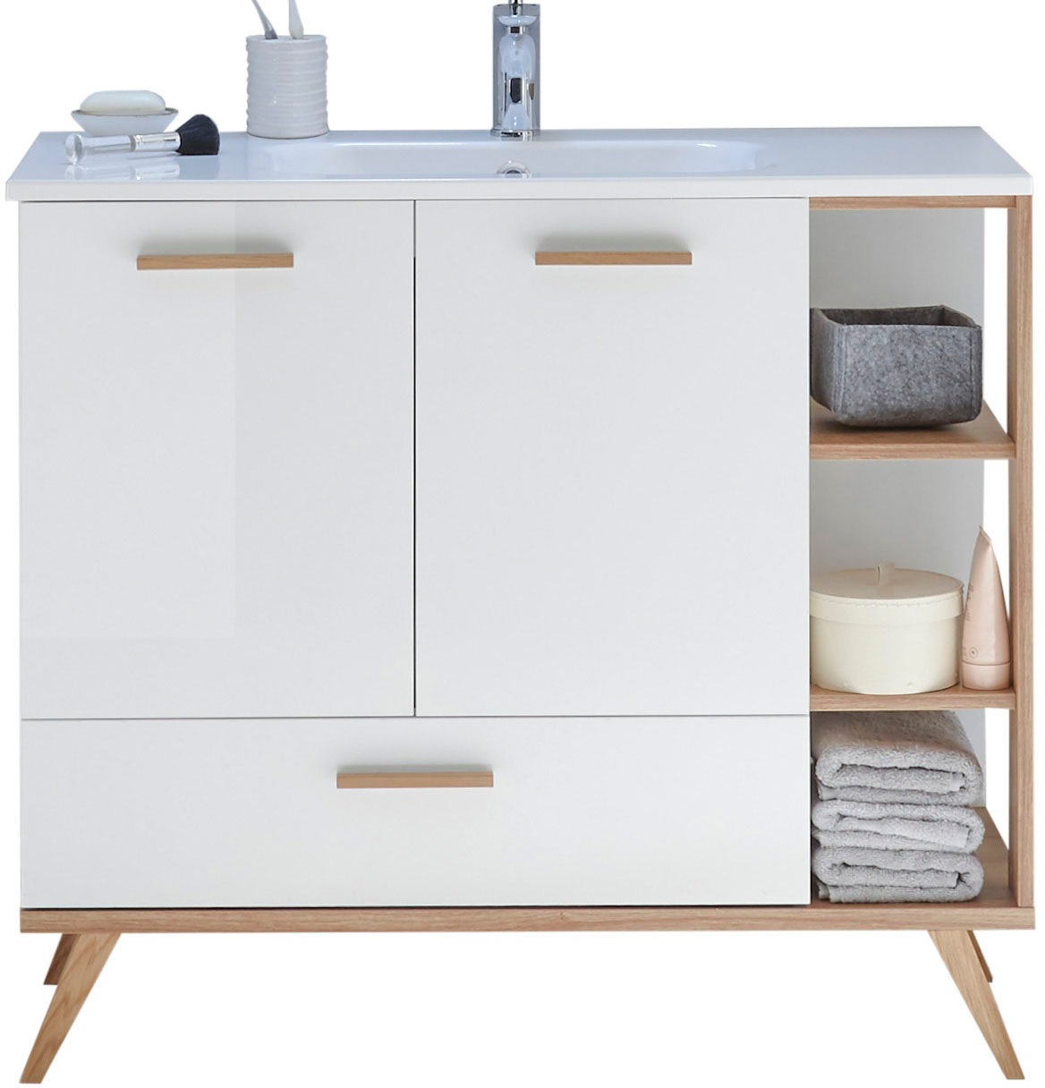 Saphir Badmöbel-Set »Quickset Mineralmarmor-Waschtisch mit LED-Spiegel, Unterschrank«, (7 St.), Hängeschrank, Midischrank, 5 Türen, 2 Schubladen, 7 Glas-Einlegeböden