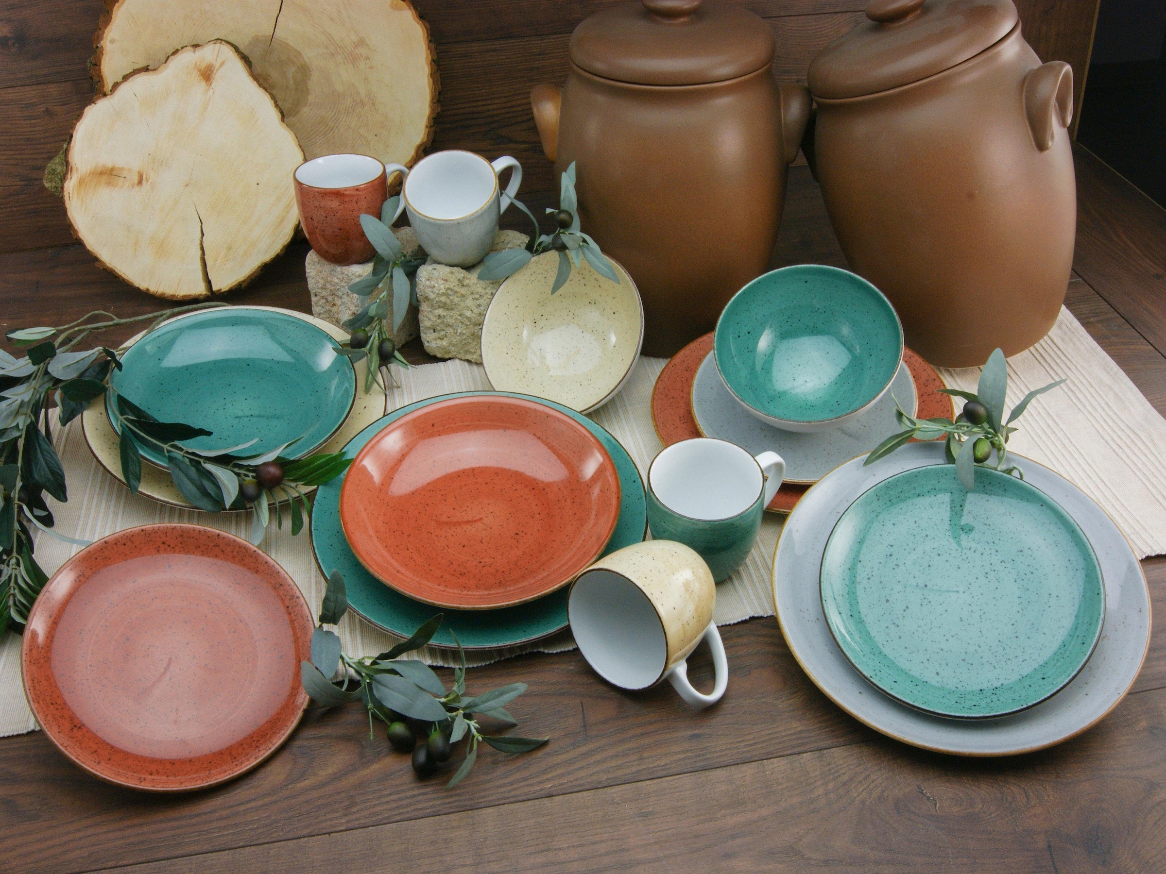 CreaTable Kombiservice »Geschirr-Set VINTAGE NATURE VERONA«, (Set, 16 tlg., Kaffeeservice und Tafelservice im Set, für 4 Personen), Service, handgemalt, gesprenkelt, 16 Teile, für 4 Personen