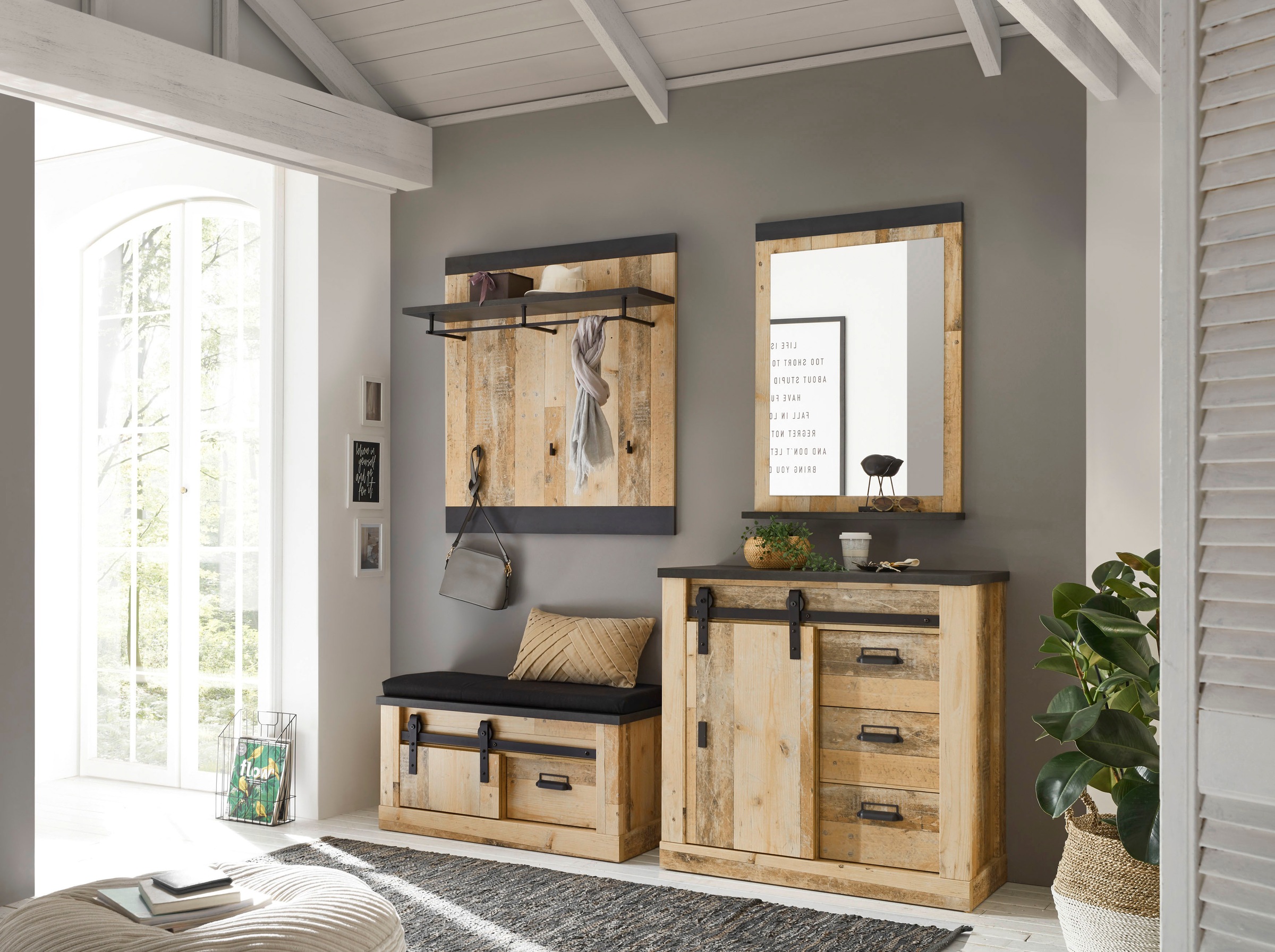 Home affaire Garderoben-Set »SHERWOOD«, (4 St.), mit Scheunentorbeschlag, Apothekergriffe aus Metall