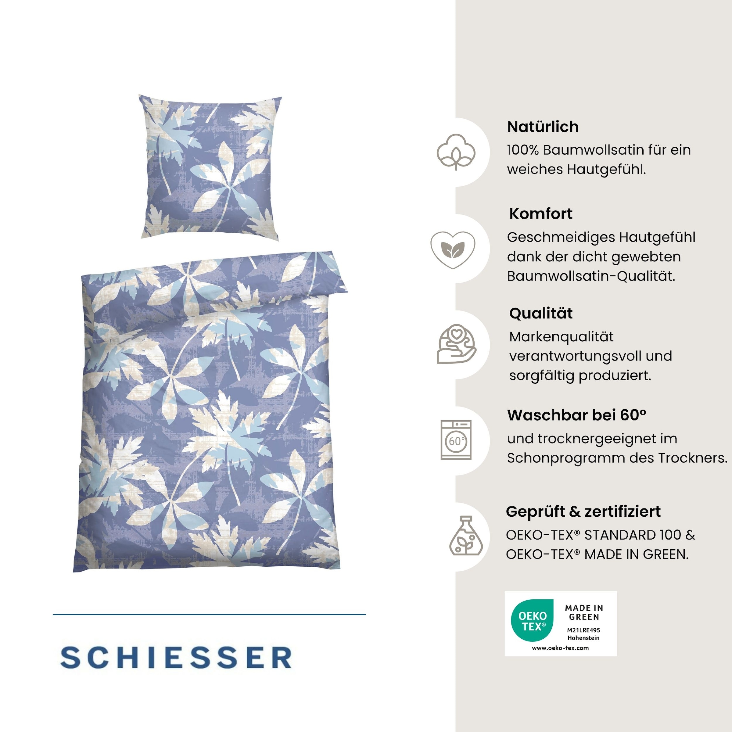 Schiesser Bettwäsche »Vera aus weichem Baumwoll-Satin mit floralem Muster« 2 tlg. OEKO-TEX® MADE IN GREEN