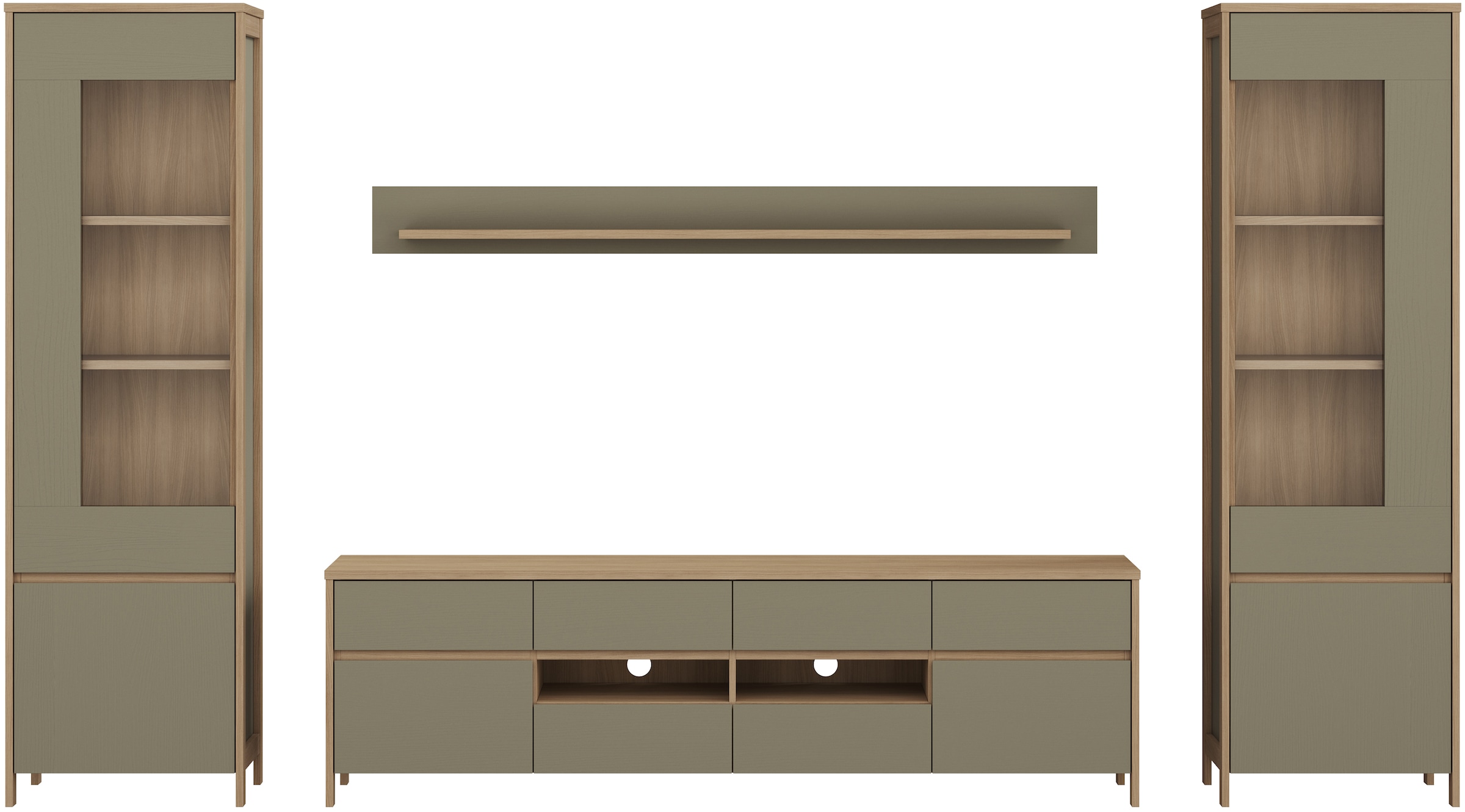 Home affaire Wohnwand »Stranda, moderne Anbauwand, Komplettset im Scandi-Style«, (4 St.), enthält zwei Vitrinen, Lowboard und Wandboard, 344 cm breit