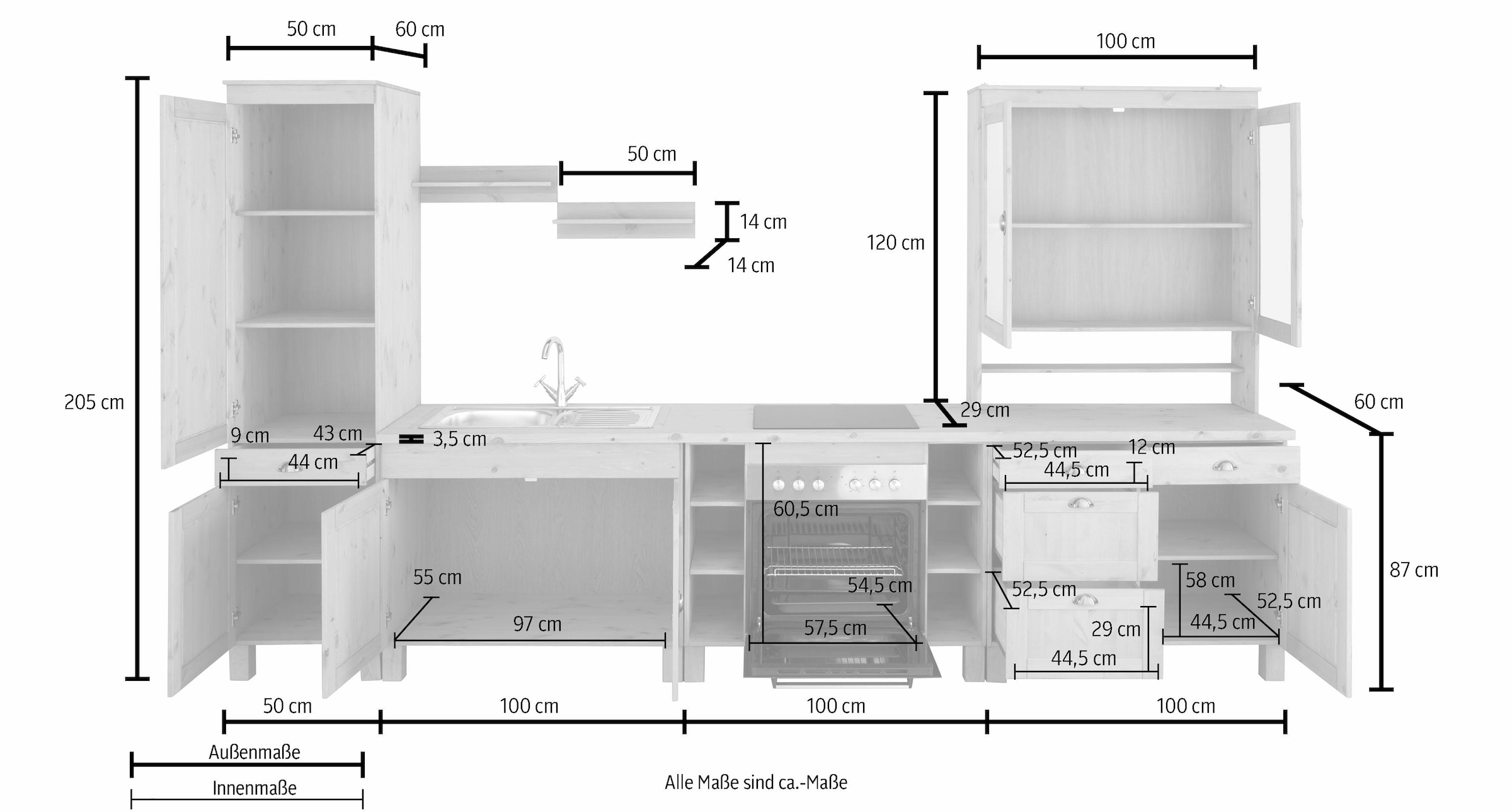 Home affaire Küchenzeile »Oslo«, Breite 350 cm, Arbeitsplatte 35mm stark, ohne E-Geräte