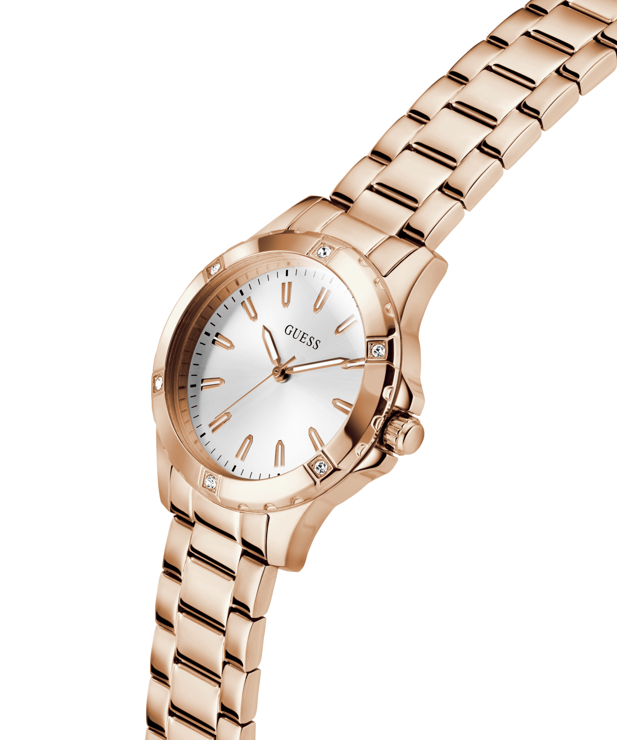 Guess Quarzuhr »MIST« Armbanduhr, Damenuhr, Edelstahlarmband, Kristallsteine
