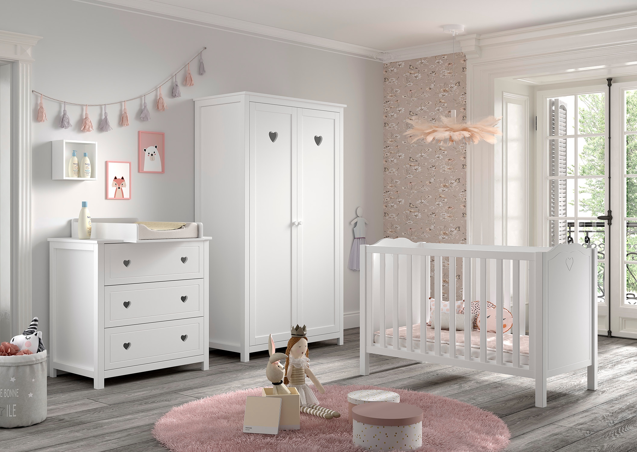 Vipack Babyzimmer-Komplettset »Amori 4-tlg. mit Herz-Ornamenten, MDF/Massiv weiß lackiert«, (4 tlg.)