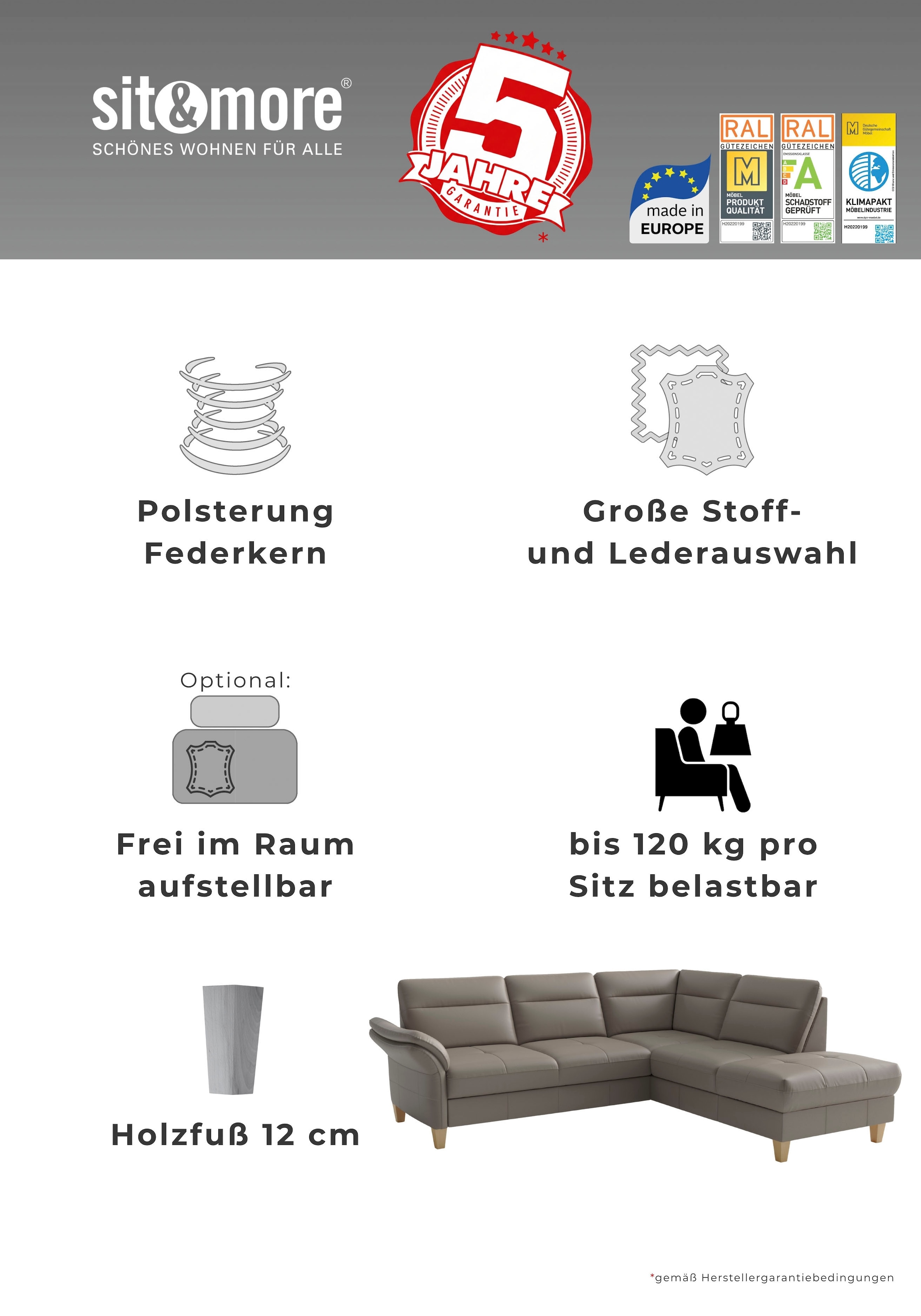 sit&more Ecksofa »Pamela L-Form, B:230 cm, Leder, Recamiere links o. rechts« wahlweise mit Armteilverstellung, optional Schlaffunktion & Bettkasten
