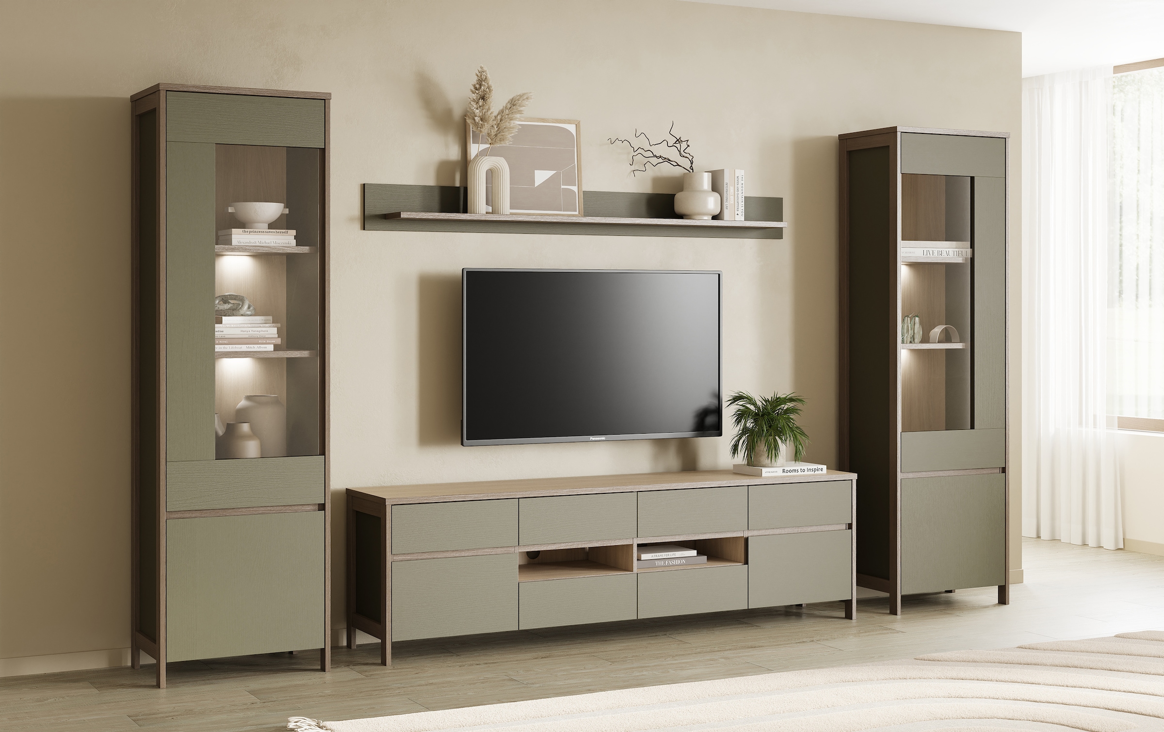 Home affaire Wohnwand »Stranda, moderne Anbauwand, Komplettset im Scandi-Style«, (4 St.), enthält zwei Vitrinen, Lowboard und Wandboard, 344 cm breit