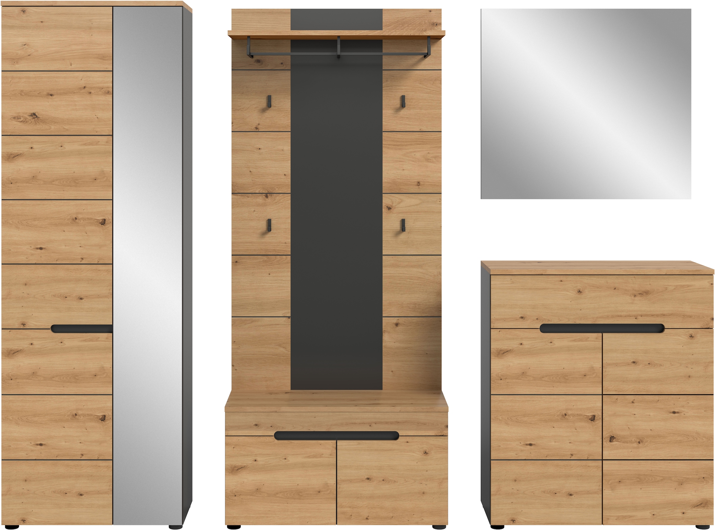 INOSIGN Garderoben-Set »REHAT, TOPSELLER!, 5-teilig, Breite 255cm, individuell erweiterbar« Set, bestehend aus: Garderobenschrank, Sitzbank, Paneel, Spiegel, Kommode, 5 Stk. tlg.