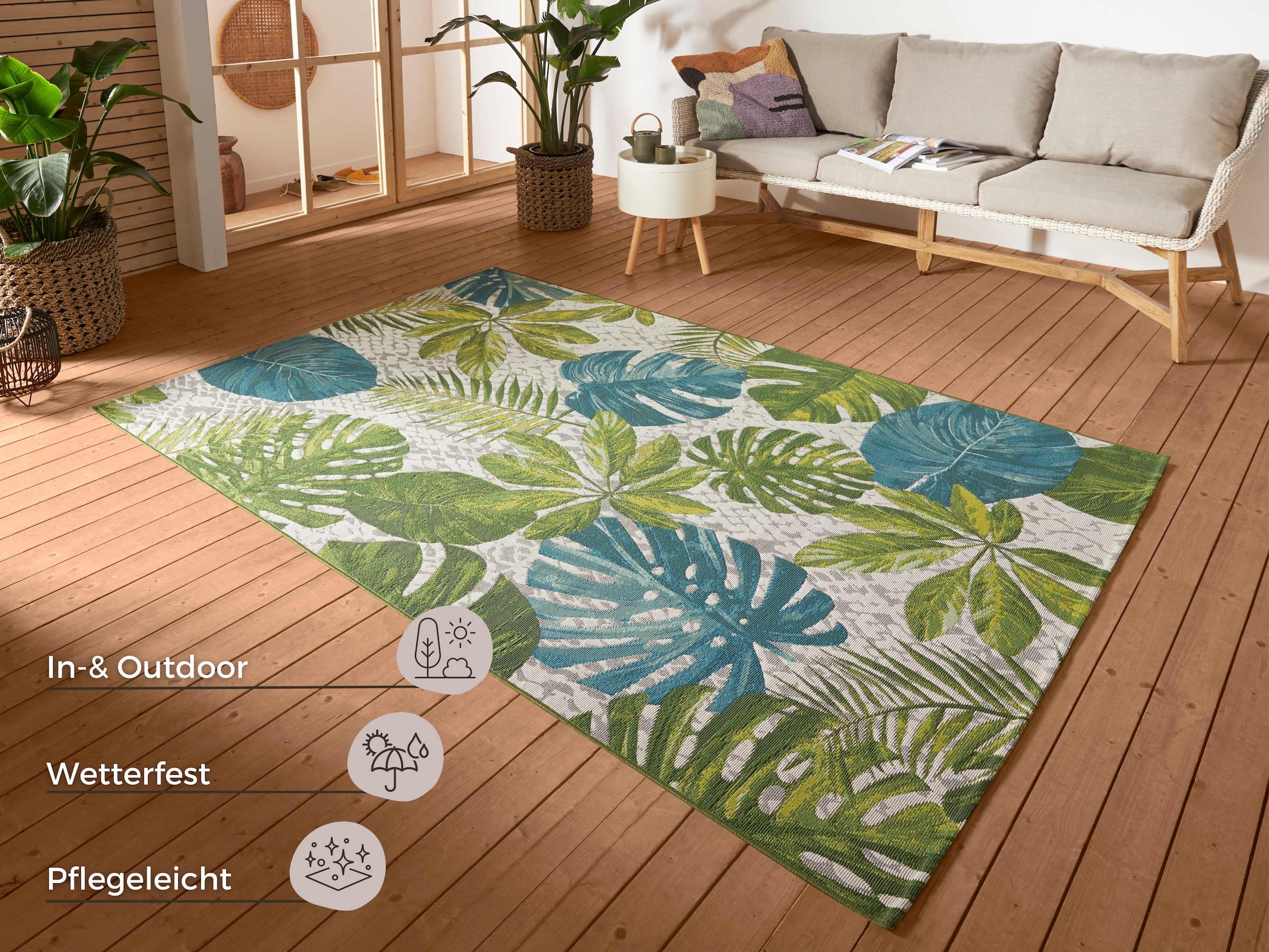 HANSE Home Outdoorteppich »Tropical Leaves«, rechteckig, 3 mm Höhe, In-& Outdoor, Wetterfest, Balkon, Garten, Wohnzimmer, Floral, Palme