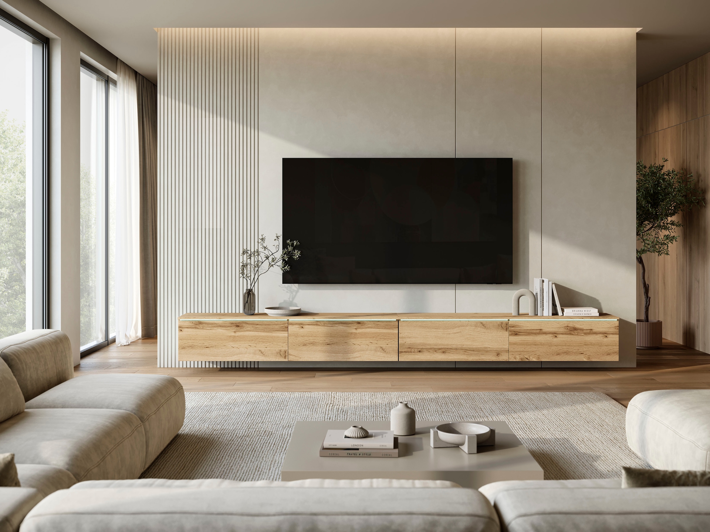 Home affaire Lowboard »Vera, TV-Schrank, Breite 300 cm, verschiedene Farbausführungen« 1 Stk. tlg. Mit LED, 4 Klappen, grifflose Fronten, hängend oder stehend