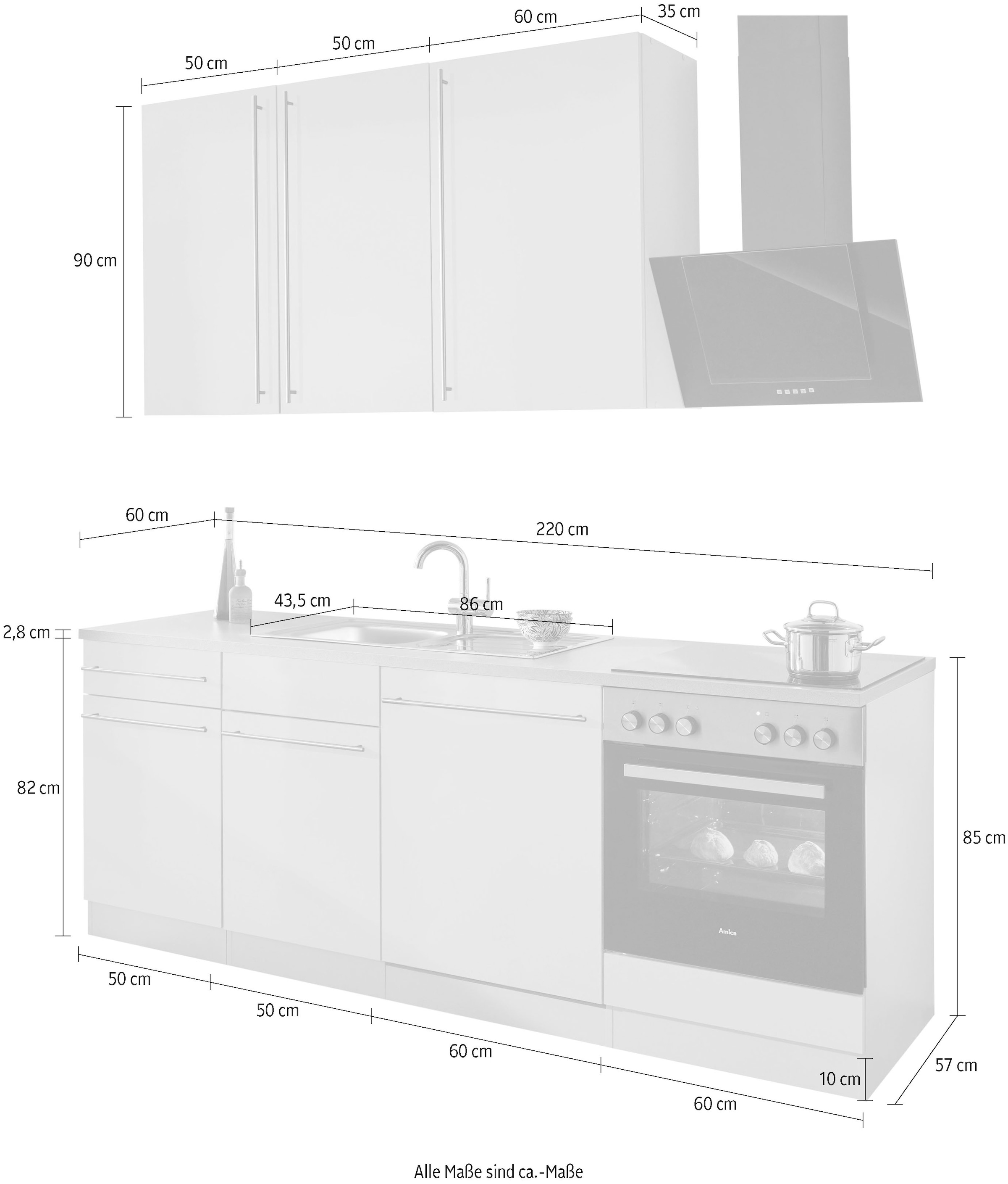 wiho online Küchen OTTO E-Geräten, »Chicago«, bei Breite 220 cm Küchenzeile mit