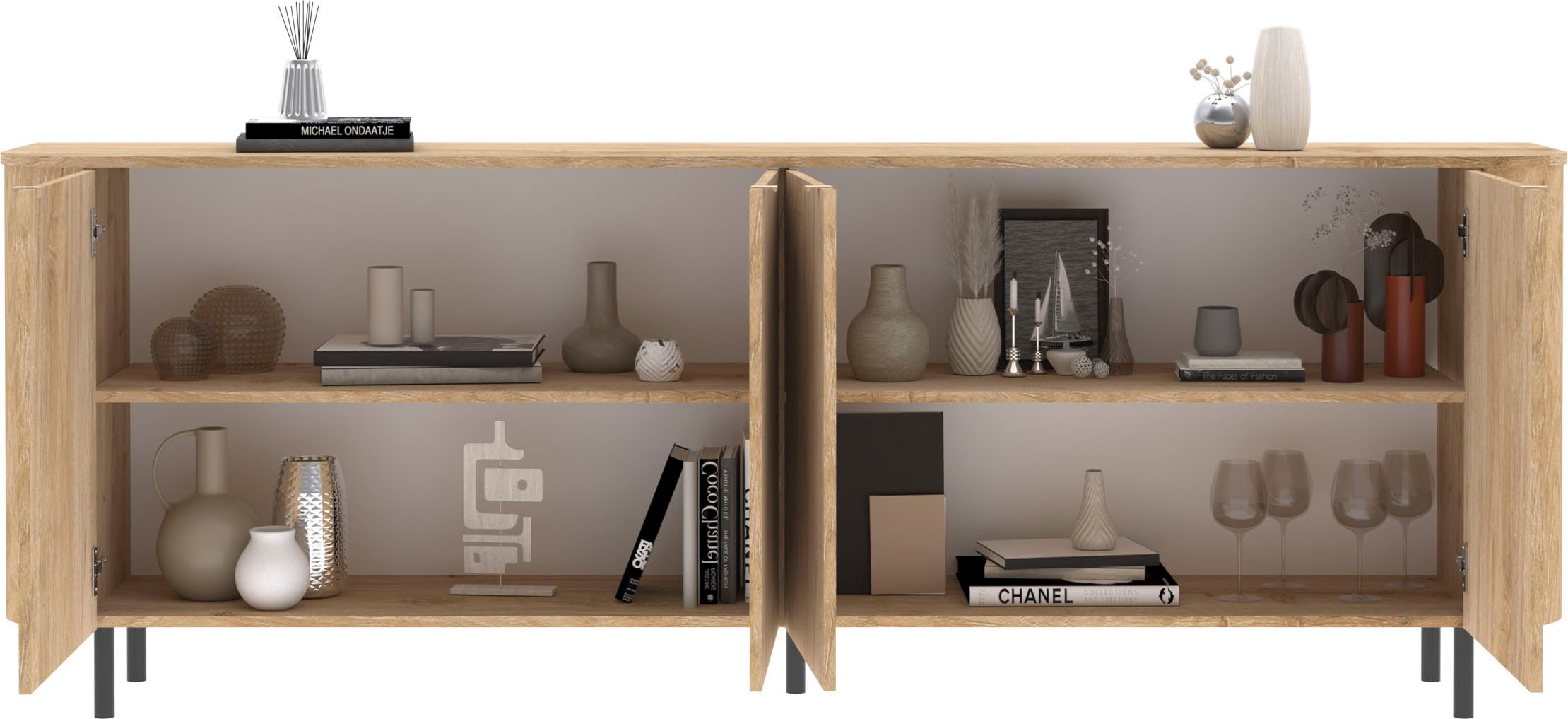 Home affaire Sideboard »Murano, 231 cm breit, 4 Türen, Anrichte, Kommode, Stauraumschrank« Formgebogenes MDF, Stirnseiten mit Rundung, Füße und Griffe aus Metall