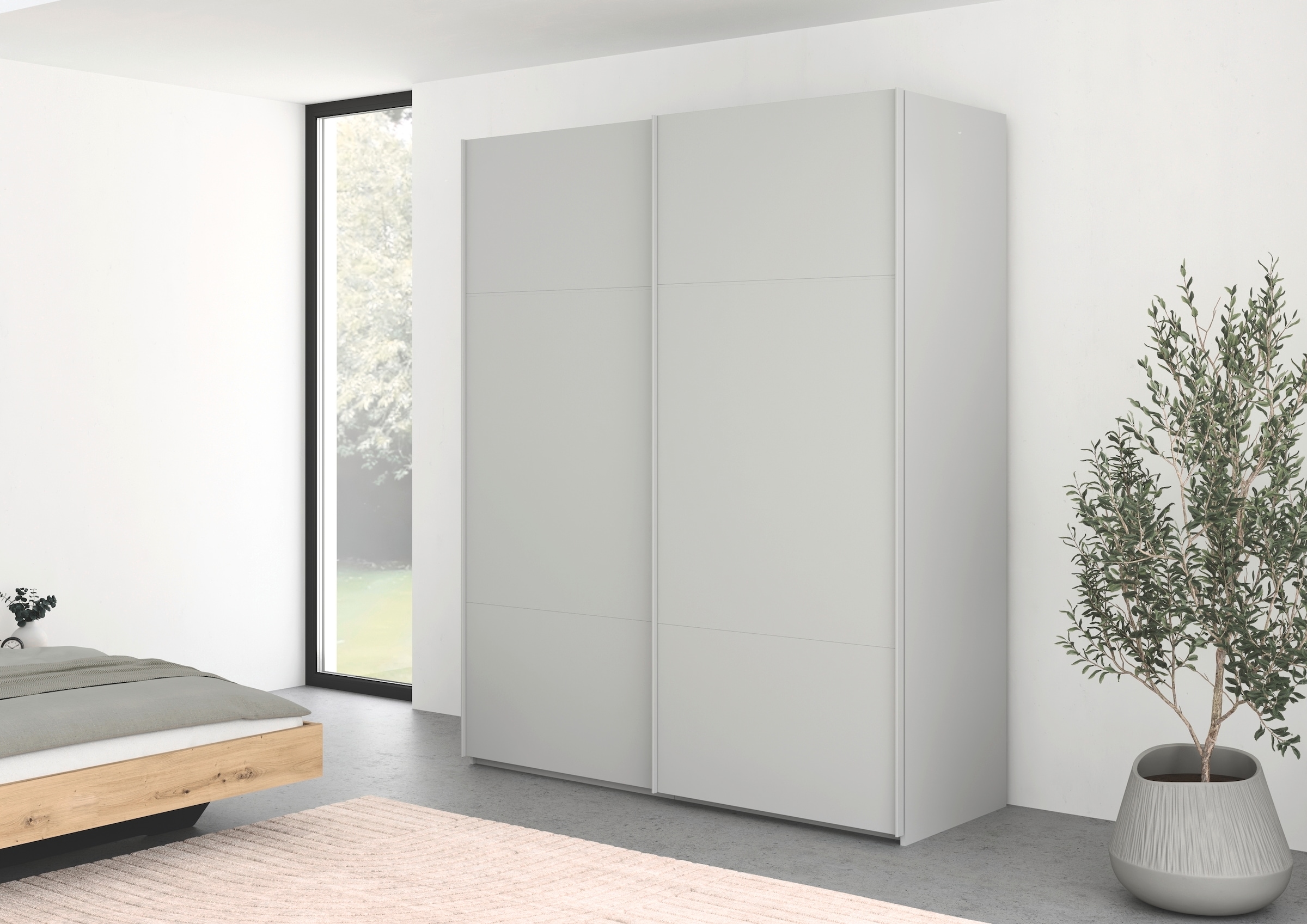 rauch Schwebetürenschrank »Kleiderschrank Schrank Garderobe Schlafzimmerschrank SCALE-TRIO« edle dreigeteilte Front, 2 Zierleisten in Griff-Farbe MADE IN GERMANY