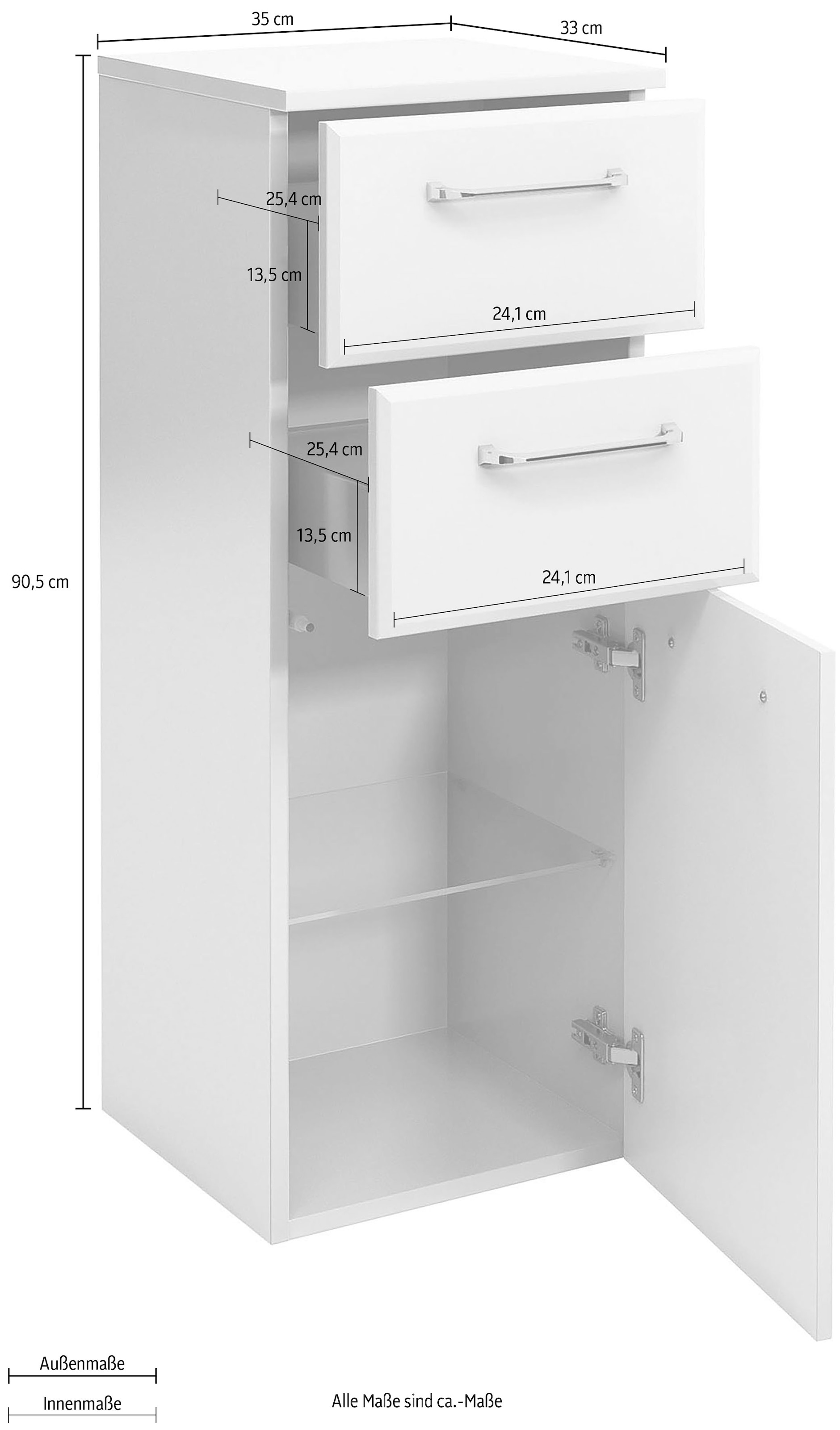 Saphir Unterschrank »Quickset Badschrank mit 1 Tür und 2 Schubladen, 35 cm breit«, Badezimmer-Unterschrank inkl. Türdämpfer, Griffe in Chrom Glanz