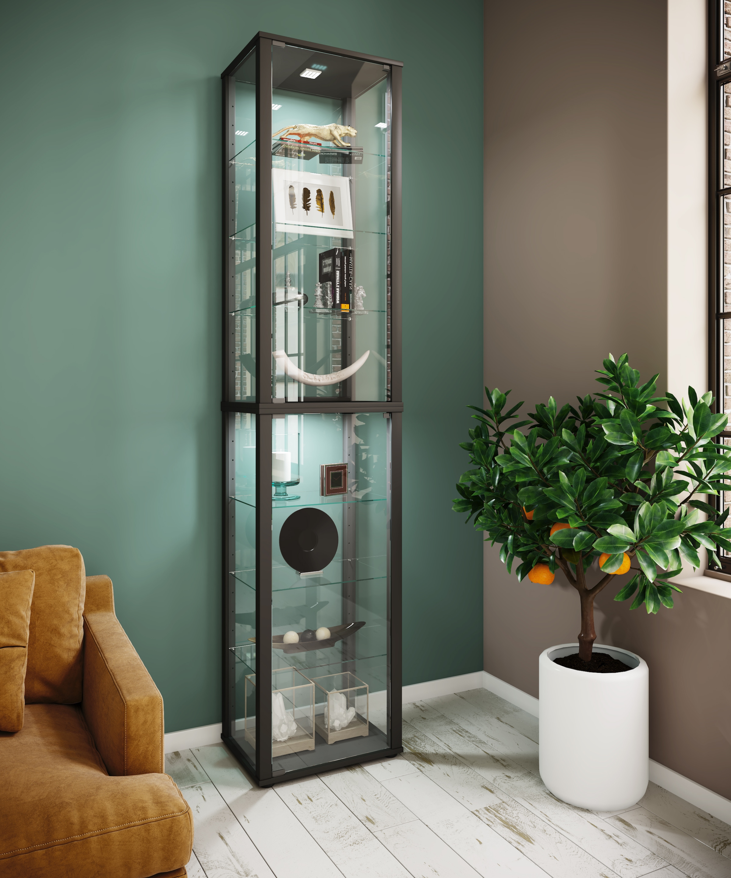 VCM Vitrine »VCM Glasvitrine stehend | Vitrine Glas mit ESG-Sicherheitsglas | Maße ca. H. 227 x B. 50 x T. 38 cm | Standvitrine Glas | Modern und platzsparend | Glas Vitrinenschrank ¿ Kavisa XL«, (1 St.)