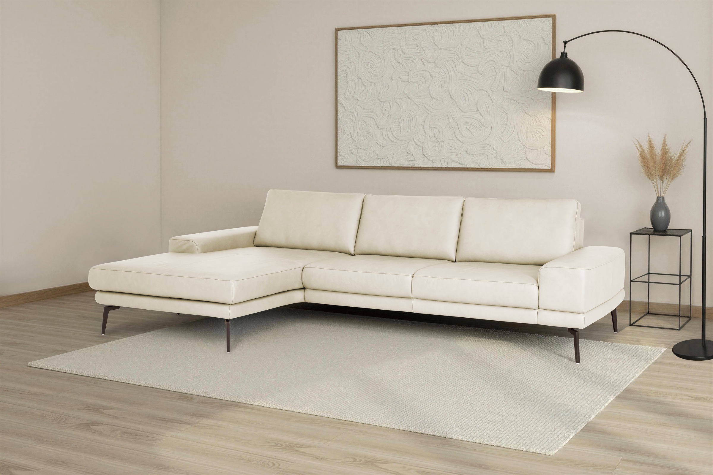 Die PlanBar Ecksofa »PN-EM20061; wahlweise frei im Raum stellbar« wahlweise mit echt bezogenem Rücken und Sitztiefenverstellung