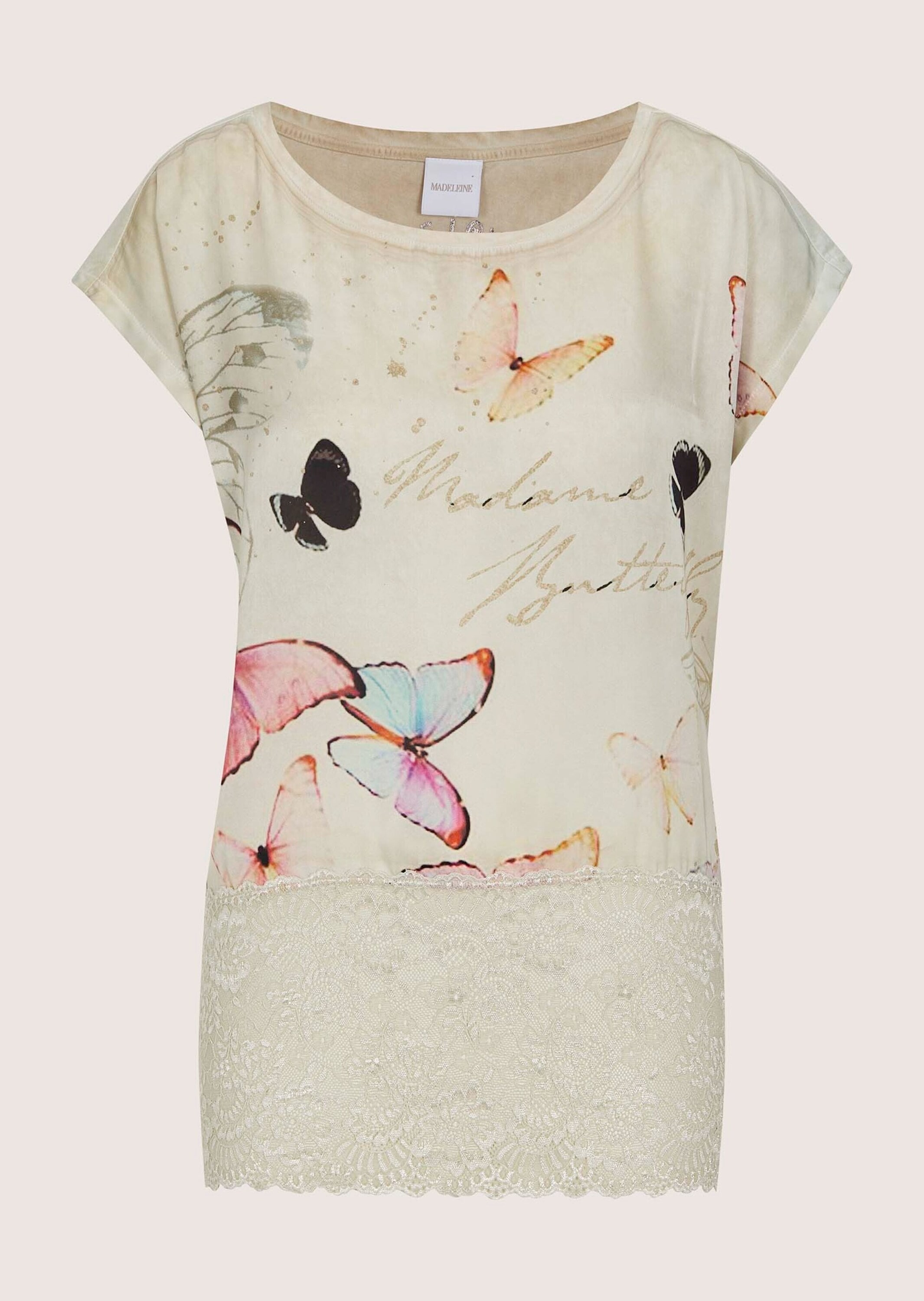 MADELEINE Print-Shirt »Spitzenshirt Sommershirt mit Schmetterlings-Print« Breiter Spitzensaum