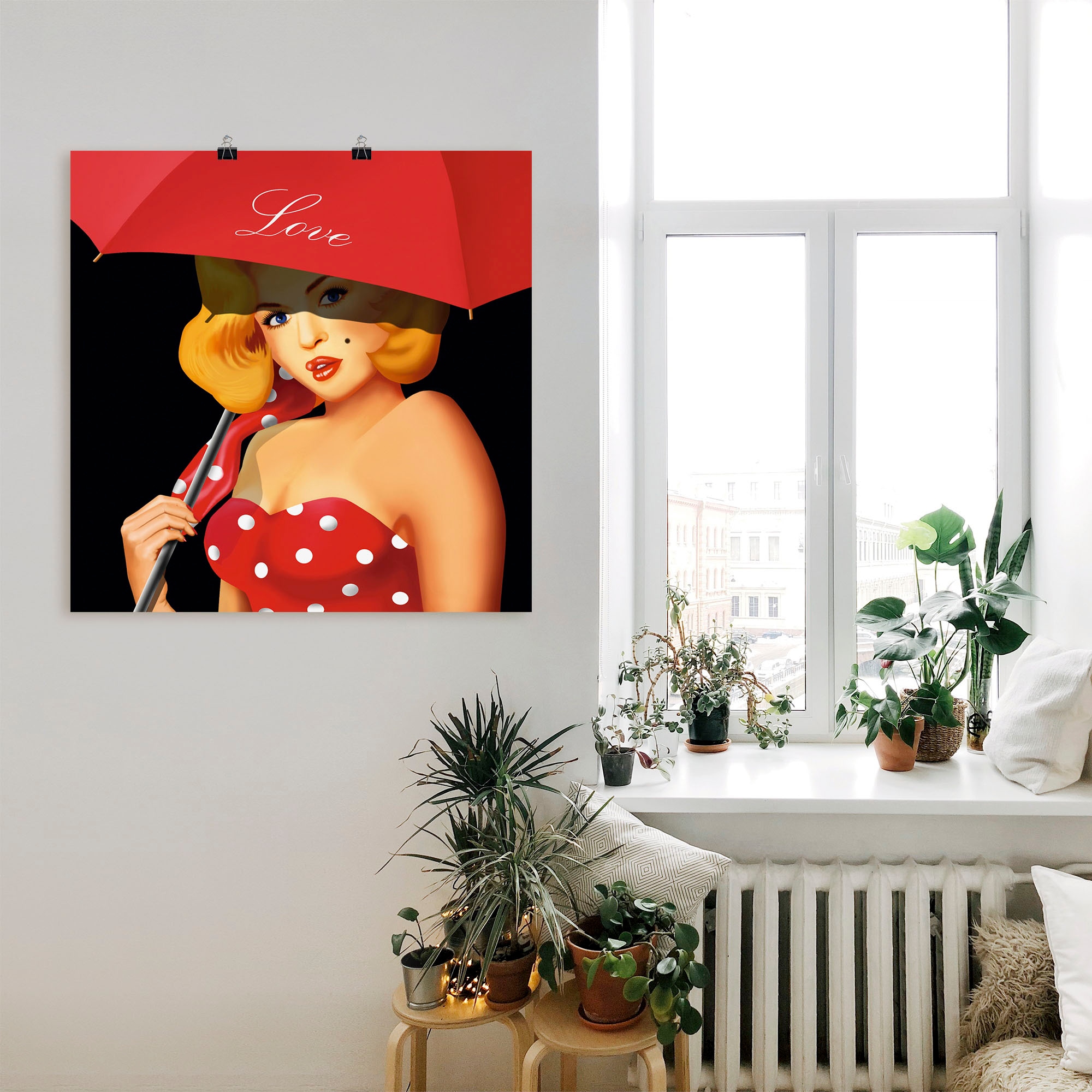 Alubild, als Shop Frau, Artland bestellen Wandbild OTTO Leinwandbild, »Pin-Up unter St.), (1 Girl in oder Wandaufkleber rotem Regenschirm«, versch. Poster Online im Größen