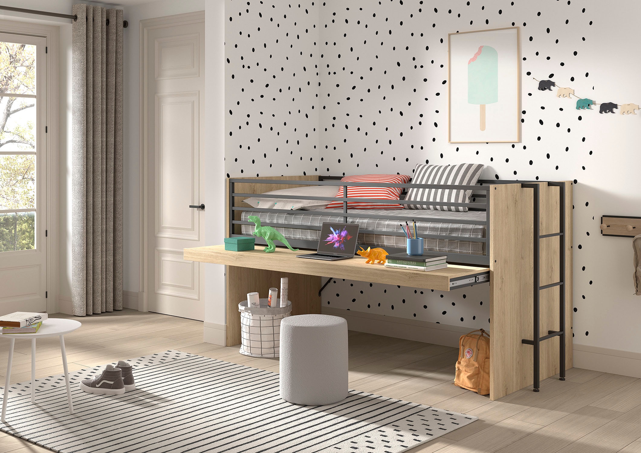 Vipack Hochbett »Sam, schlafen und arbeiten in einem, wahlweise Eiche- oder Weiß-Dekor« Liegefläche 90x200 cm, darunter eine große ausziehbare Schreibplatte,  Inkl. Absturzschutz u. Leiter, pflegeleichte Dekor Oberfläche