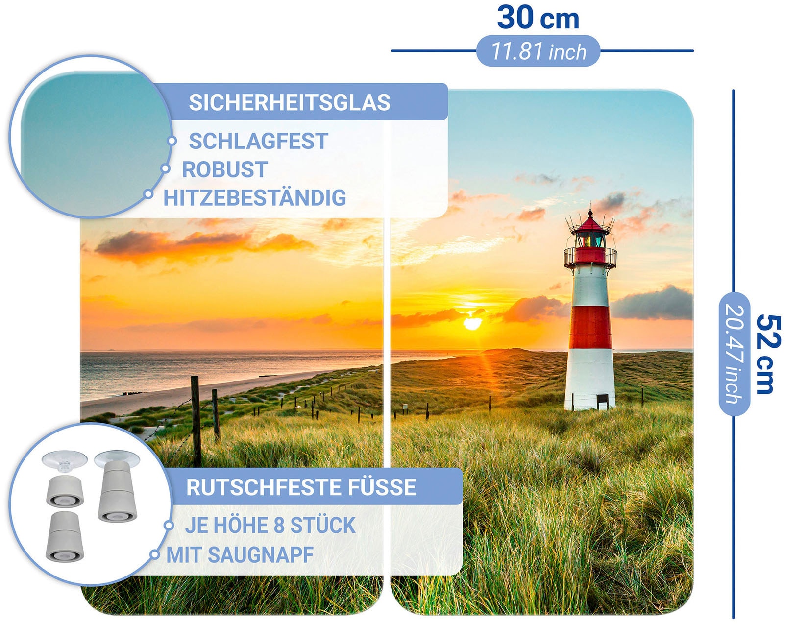 WENKO Herd-Abdeckplatte »Universal Modell Leuchtturm«, (Set, 2 tlg.), Herdabdeckung für alle Herdarten, kratzfest, mit rutschfesten Füßen