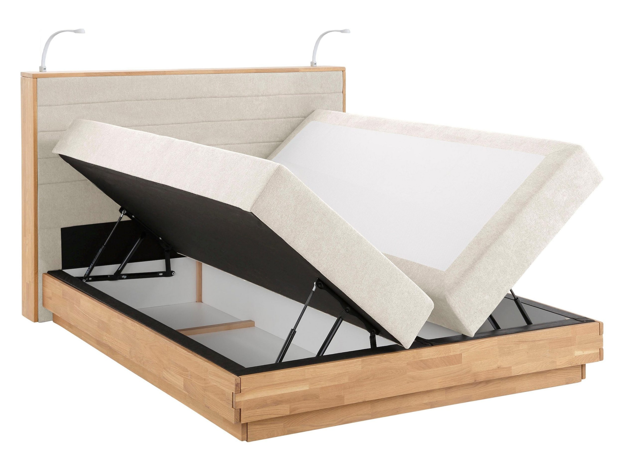Home affaire Boxspringbett »CAVAN, mit Bettkasten, inkl. 7-Zonen-TTFK-Matratze H2-H4 und Topper« aus Massiveiche, Microfaser- oder Strukturstoff, 160/180/200cm x 200cm