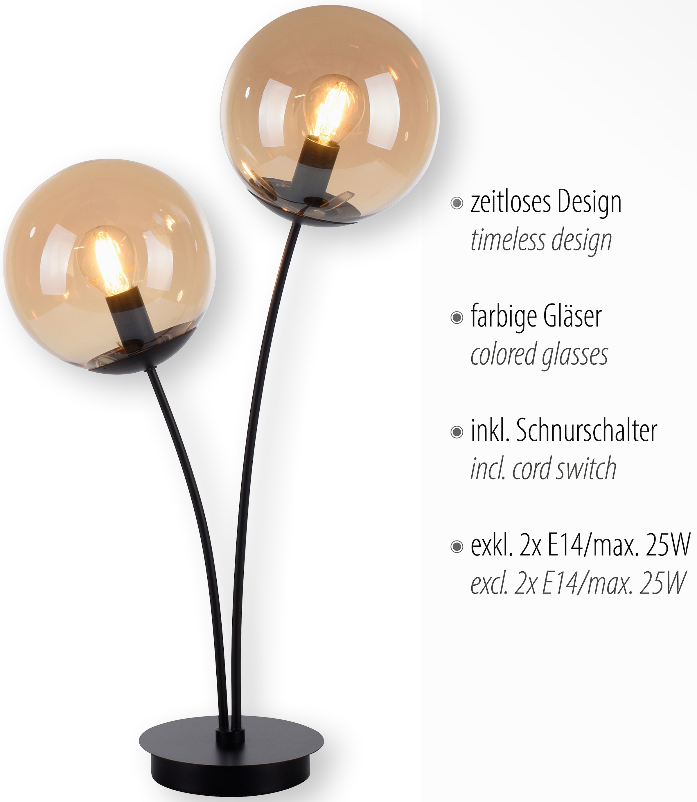 majestätisch andas Tischleuchte »Nymölla«, 2 online OTTO flammig-flammig, schwarz großen Glaskörpern, mit Oberfläche amberfarbigen bei lackiert