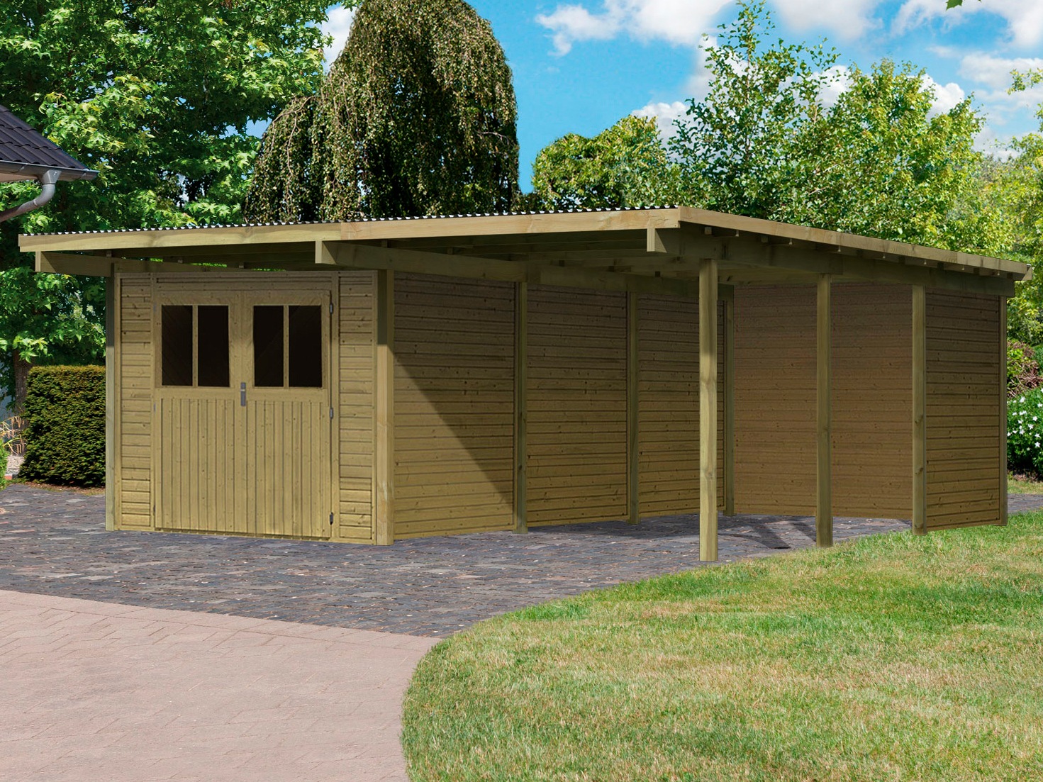 Karibu Doppelcarport »Eco 2«, Holz, 250 cm, braun, mit Geräteraum
