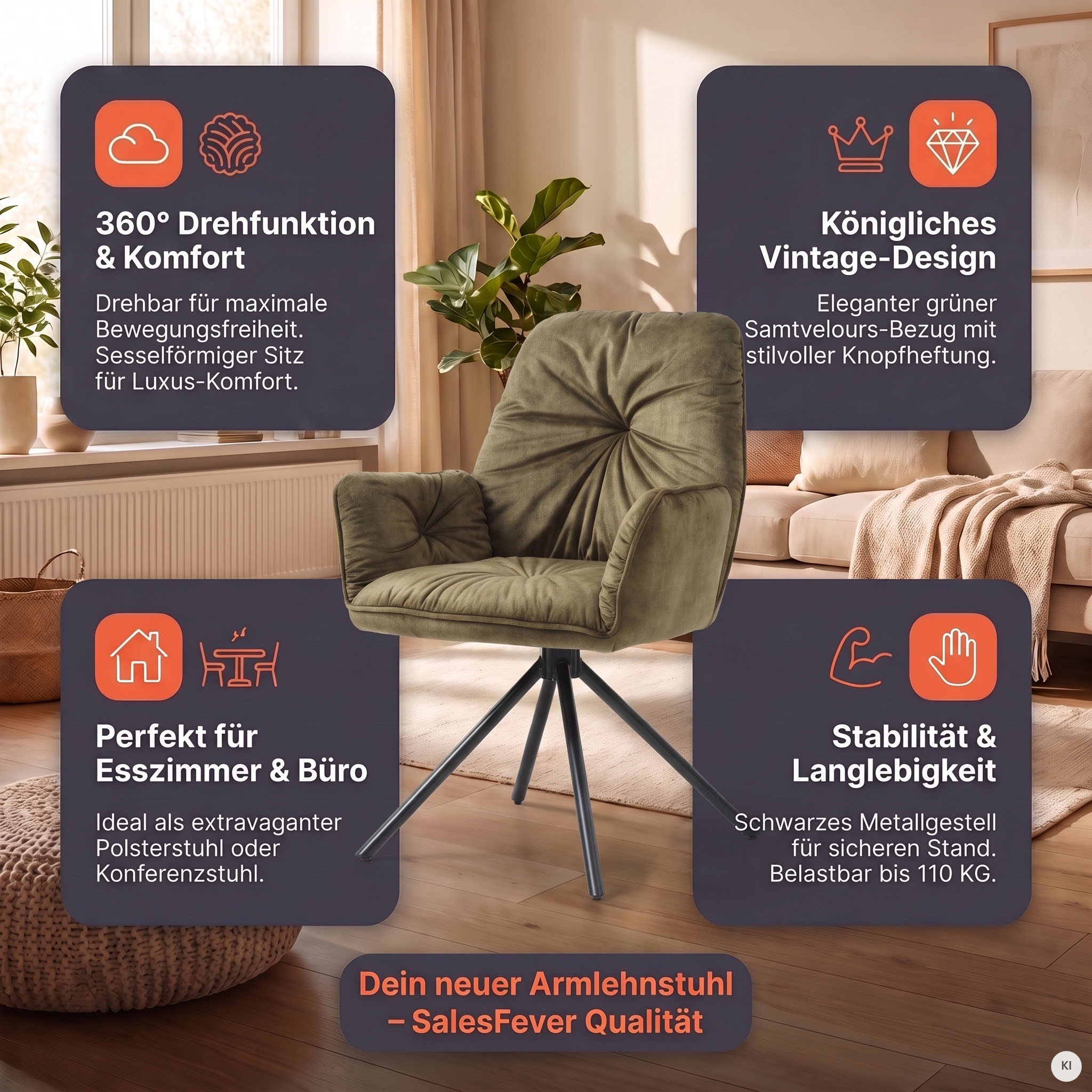 SalesFever Esszimmerstuhl »Ottawa Armlehnstuhl: Rückzugsort im Esszimmer« () 1 Stk.360° Drehbarer Esszimmersessel mit Armlehnen - 1 Stück