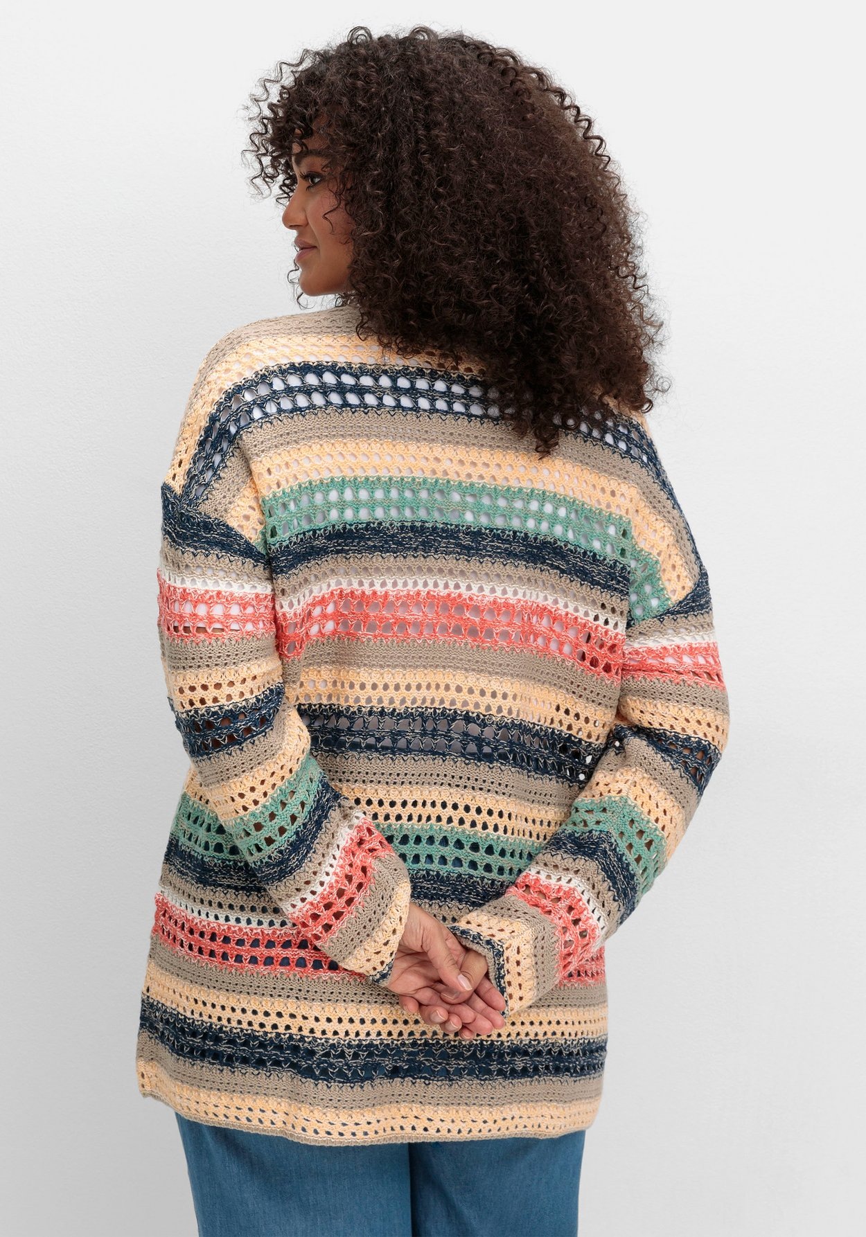 Sheego Strickjacke »Ajour-Strickjacke mit Blockstreifen, in offener Form«