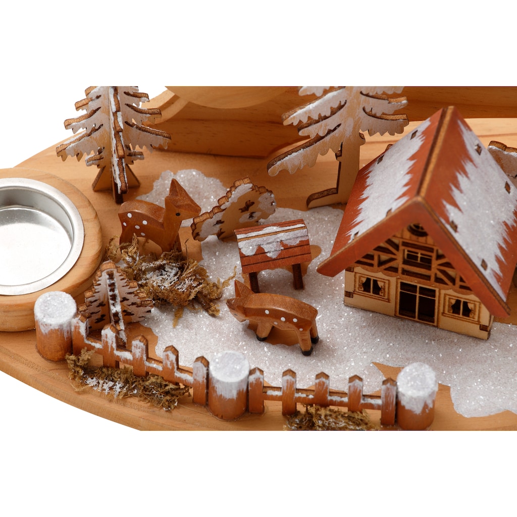 Home affaire Teelichthalter »Winterlandschaft, Weihnachtsdeko aus Holz«, (1 St.), Adventsleuchter für 4 Teelichter, Breite ca. 37 cm