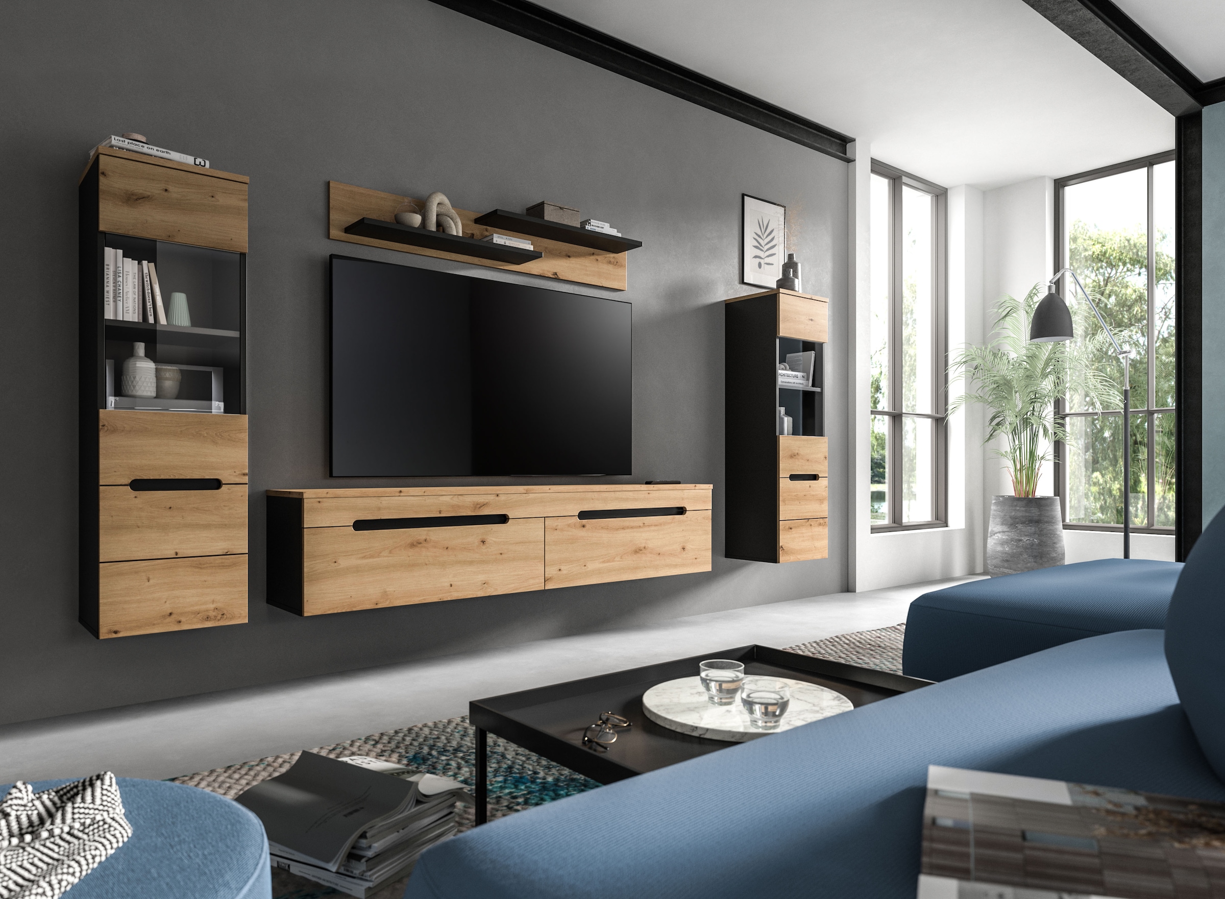 INOSIGN Wohnwand »REHAT, TOPSELLER!, 4-teilig, wahlweise stehend und hängend montierbar« Set bestehend aus: 2x Vitrine, Lowboard und Wandboard, 3 Stk. tlg.