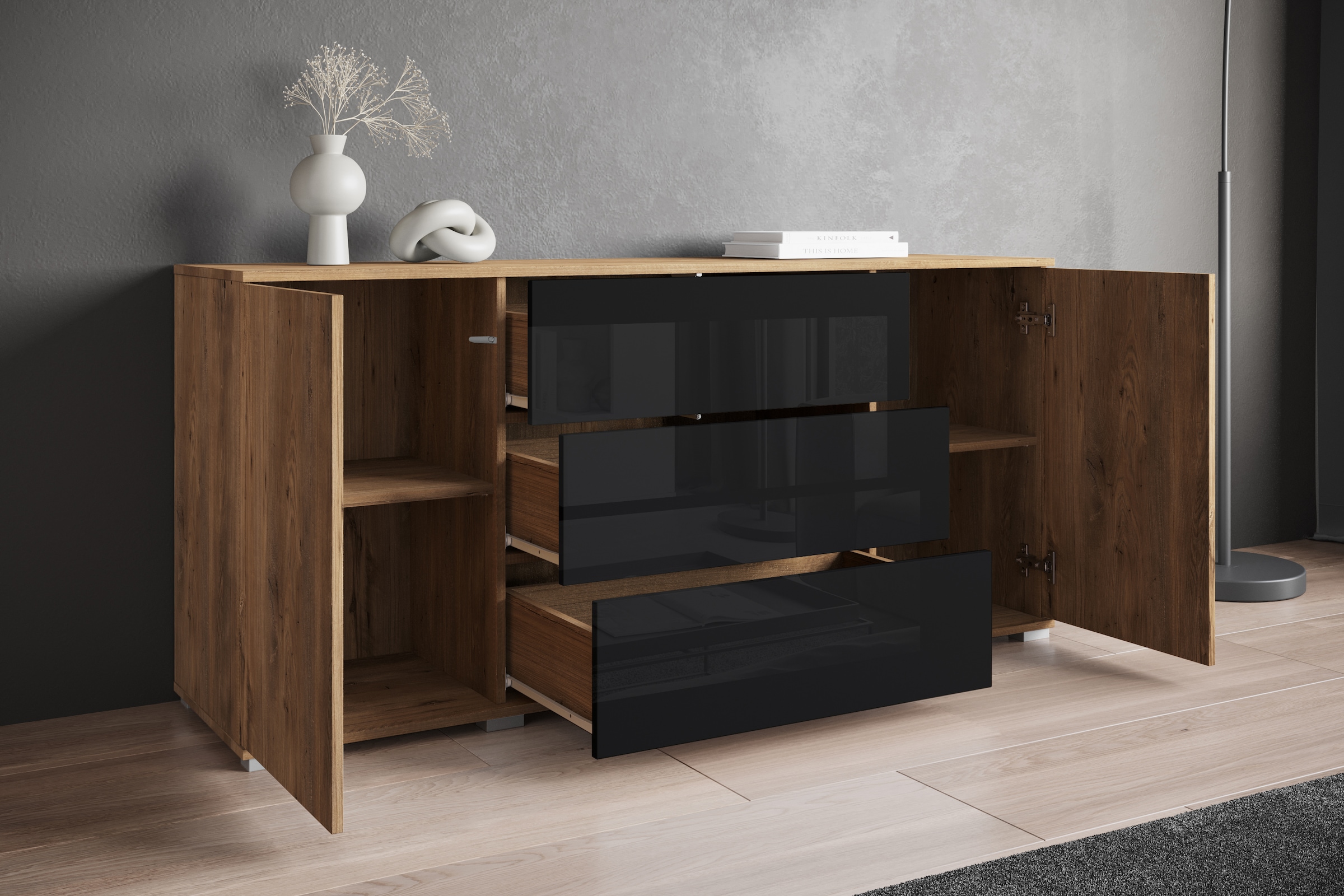 INOSIGN Sideboard »Kenia, Kommode für das Schlafzimmer/Wohnzimmer«, (1 St.), Modernes Sideboard mit 3 Schubladen und 4 Fächern, Breite 150 cm
