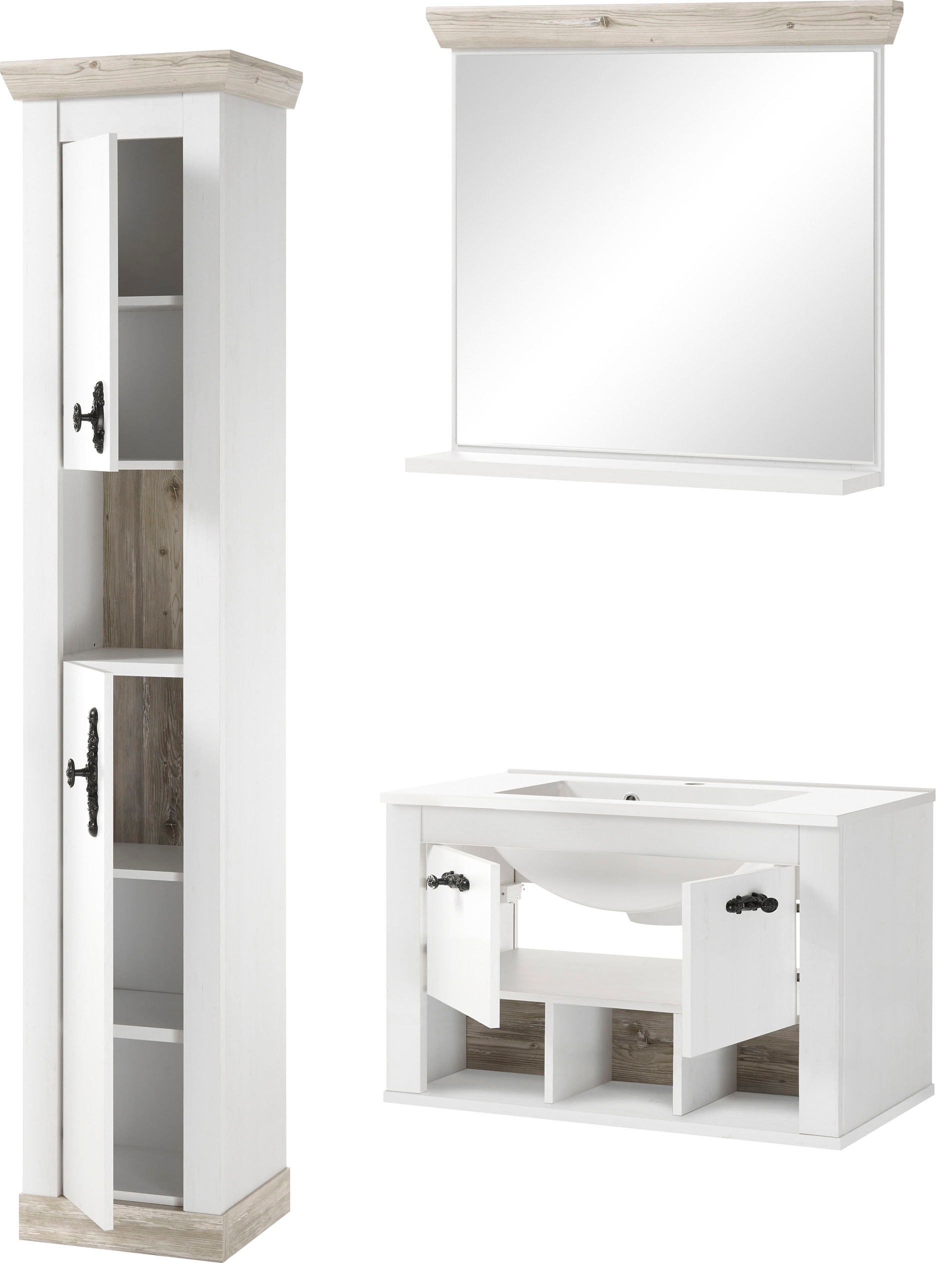 Home affaire Badmöbel-Set »Florenz, Bad im Landhausstil, 3-teiliges Badezimmer«, (3 St.), Hänge-Waschtisch, Schrank und Spiegel, in Pinie Weiß, Stauraum
